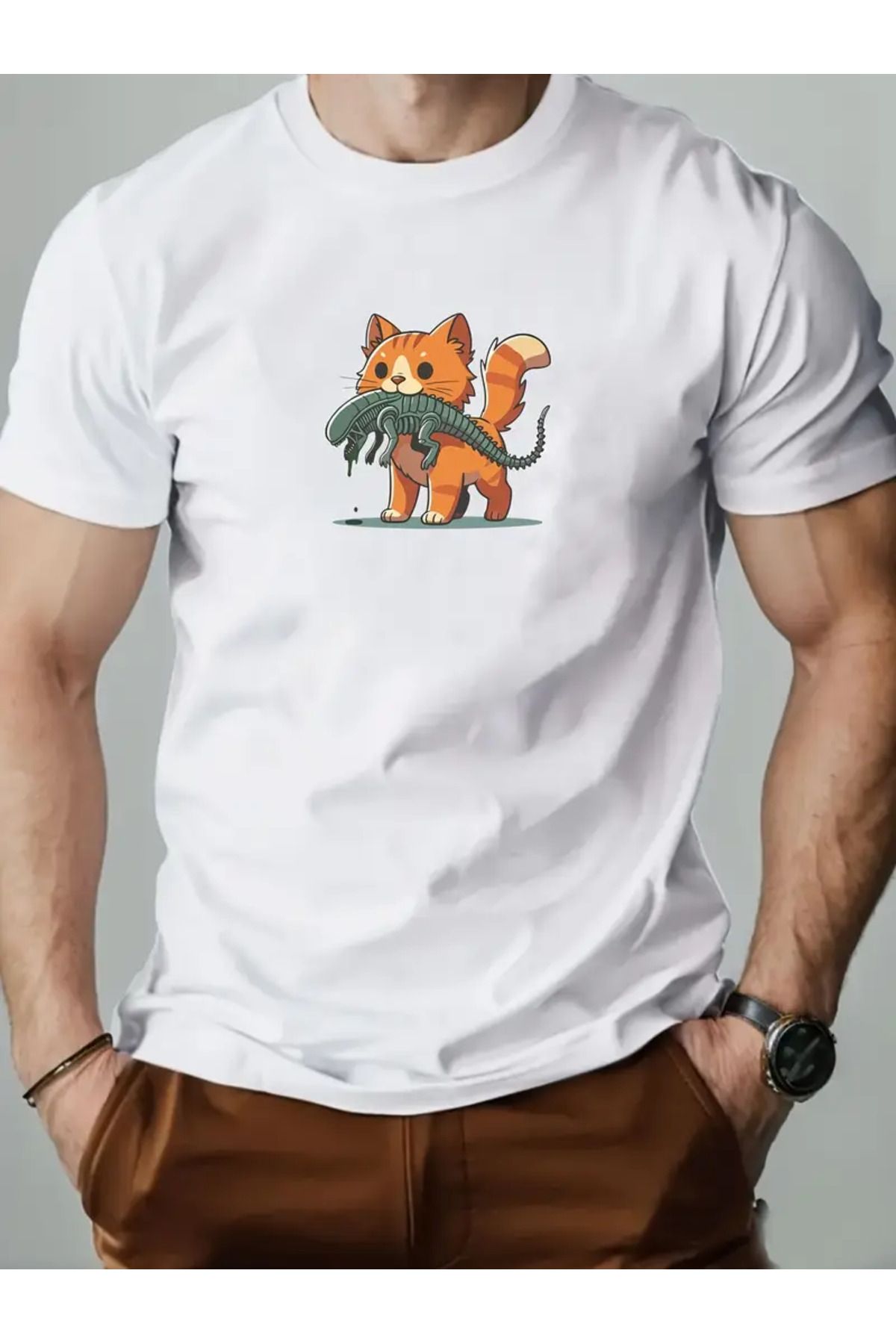 LUNAVISTA Cat Baskılı Bisiklet Yaka Kısa Kol T-shirt