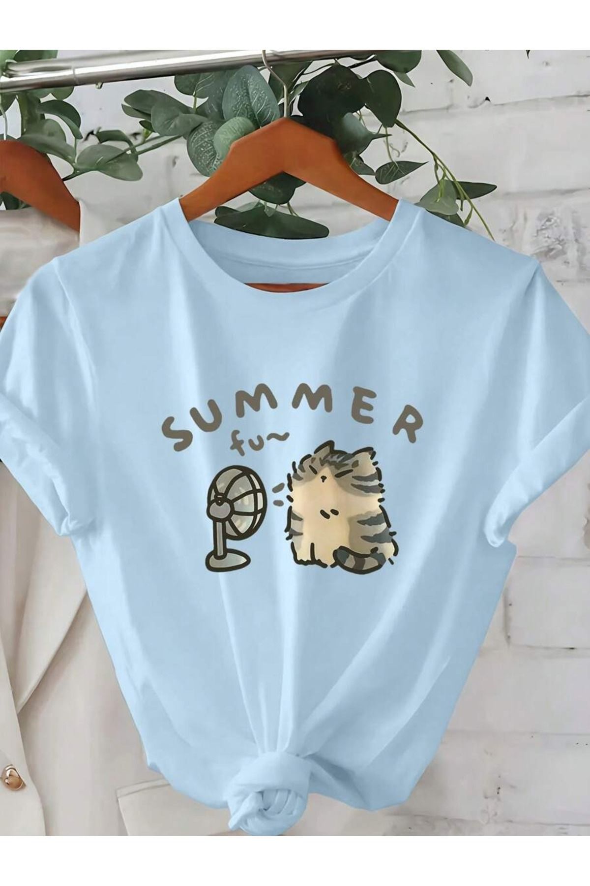 PALPİTO Kadın Bebe Mavi Summer Baskılı Oversize T-Shirt
