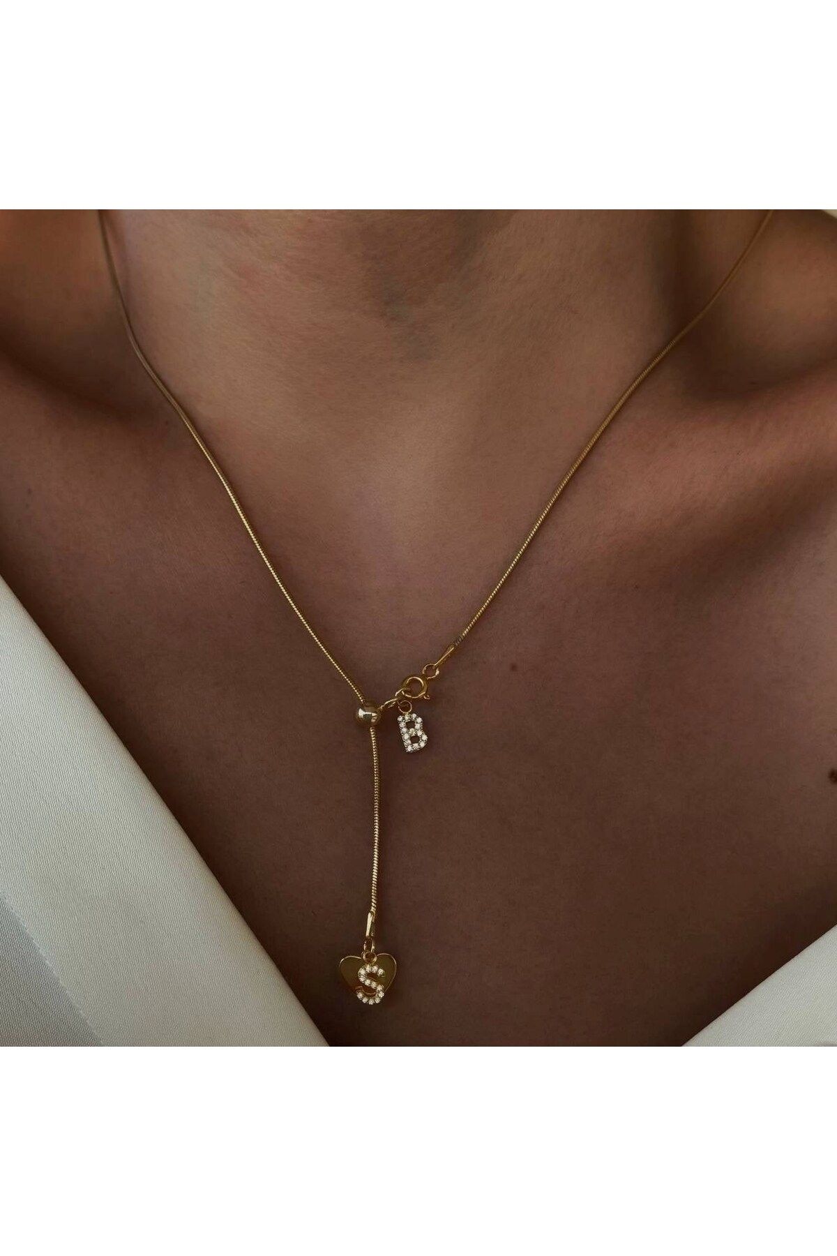 beonejewelry ÇİFT HARFLİ KALPLİ ASANSÖR KOLYE | 925 GÜMÜŞ