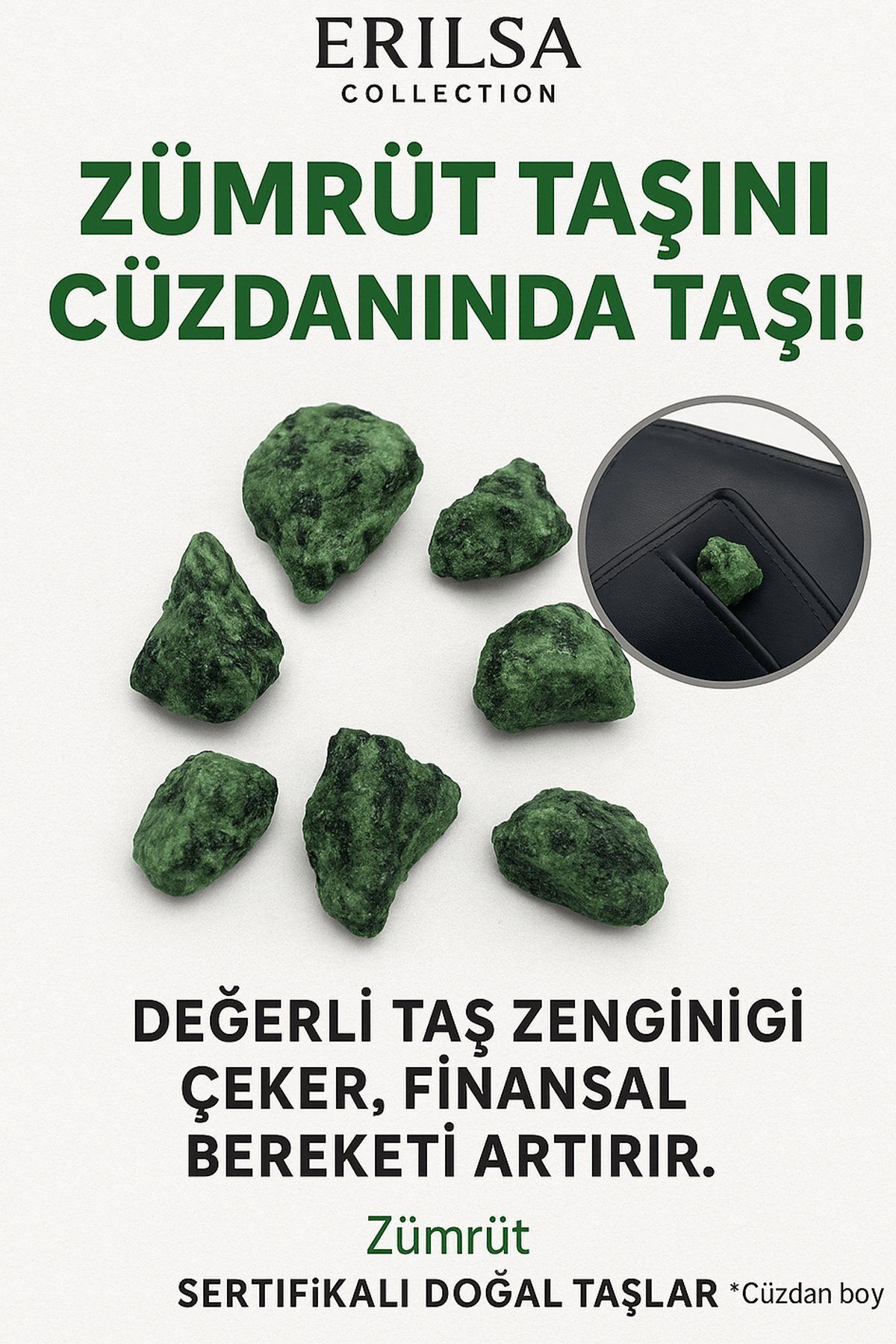 Erilsa Sertifikalı Ham Cüzdan Boy Zümrüt Taşı Kütle - El Taşı - Sevgi, Şifa