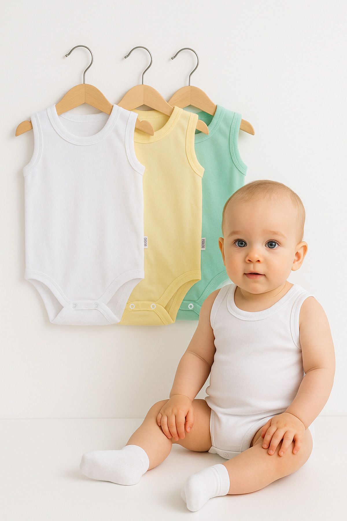Trend Bebe Butik 3’lü Beyaz-Sarı-Yeşil Bebek Zıbın Seti | Pamuklu Kolsuz Çıtçıtlı Yazlık Body | Unisex Bebek Badi