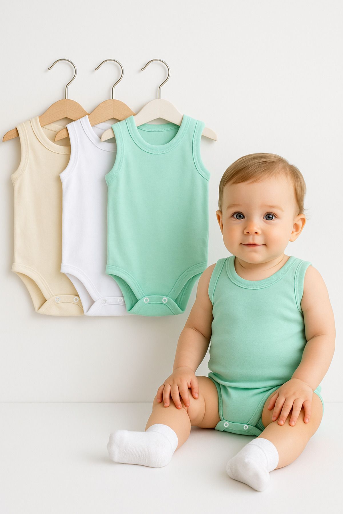 Trend Bebe Butik 3’lü Bej-Beyaz-Yeşil Bebek Zıbın Seti | Pamuklu Kolsuz Yazlık Çıtçıtlı Body | Unisex Bebek Badi