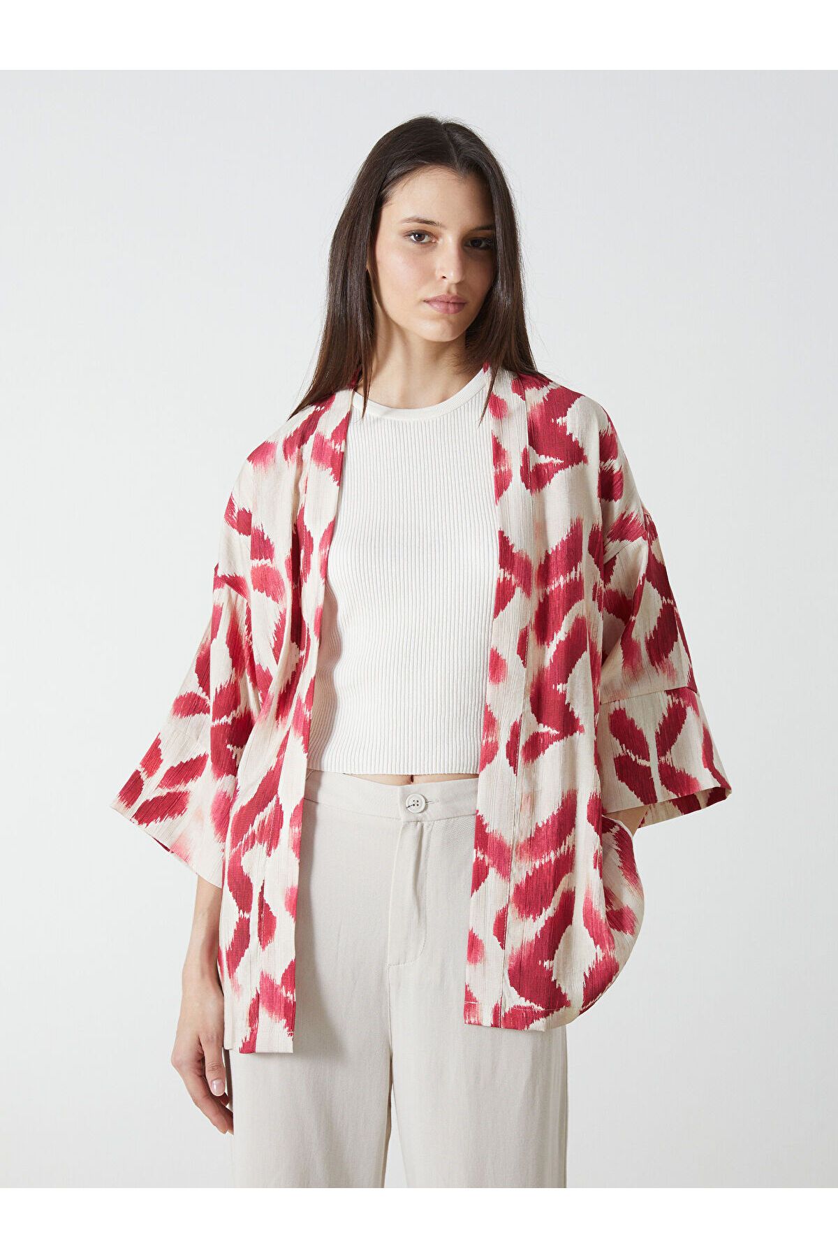 LC Waikiki Şal Yaka Desenli Oversize Kadın Kimono