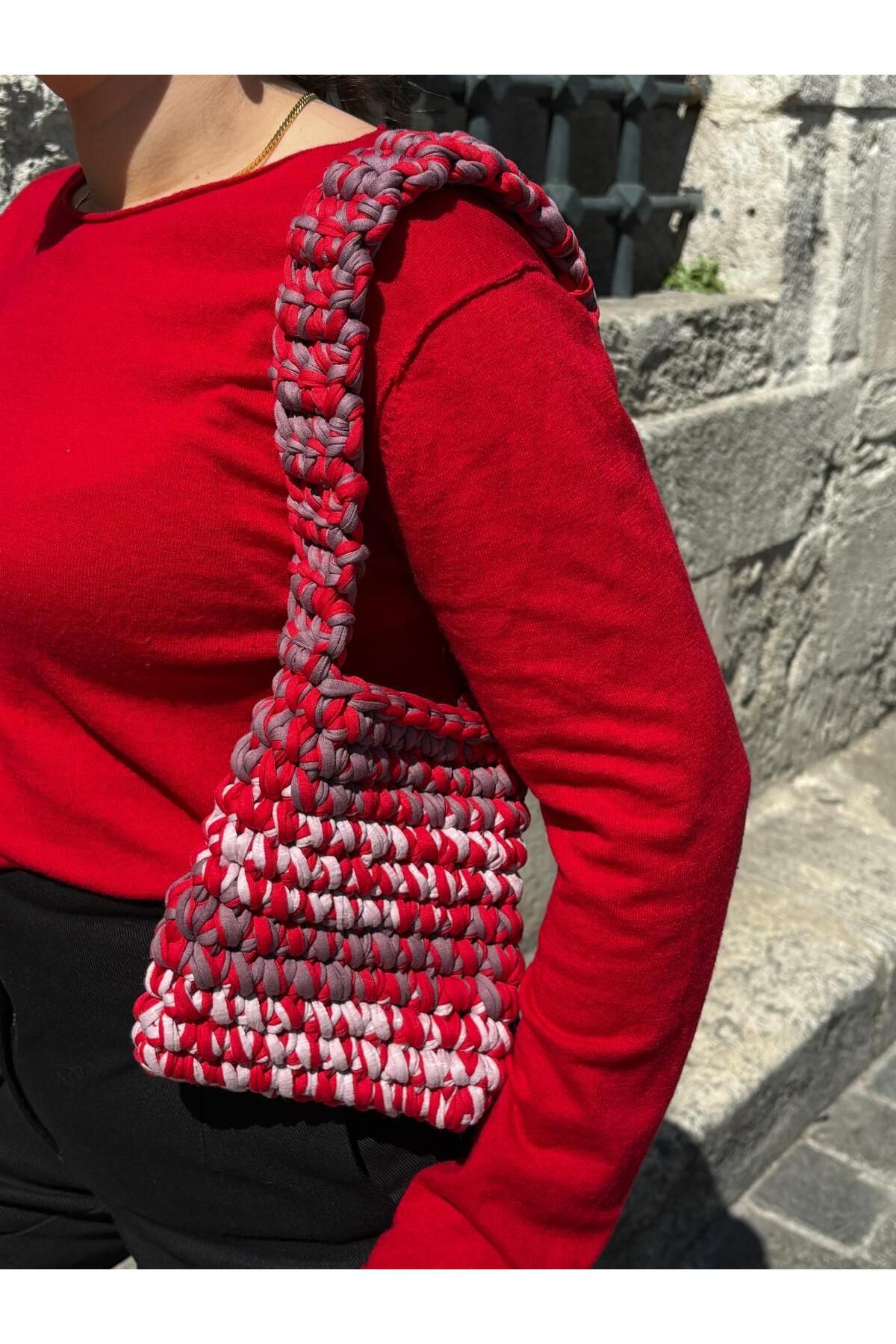 SINEAKSESUAR Kırmızı Penye İp El Yapımı Baget Çanta
