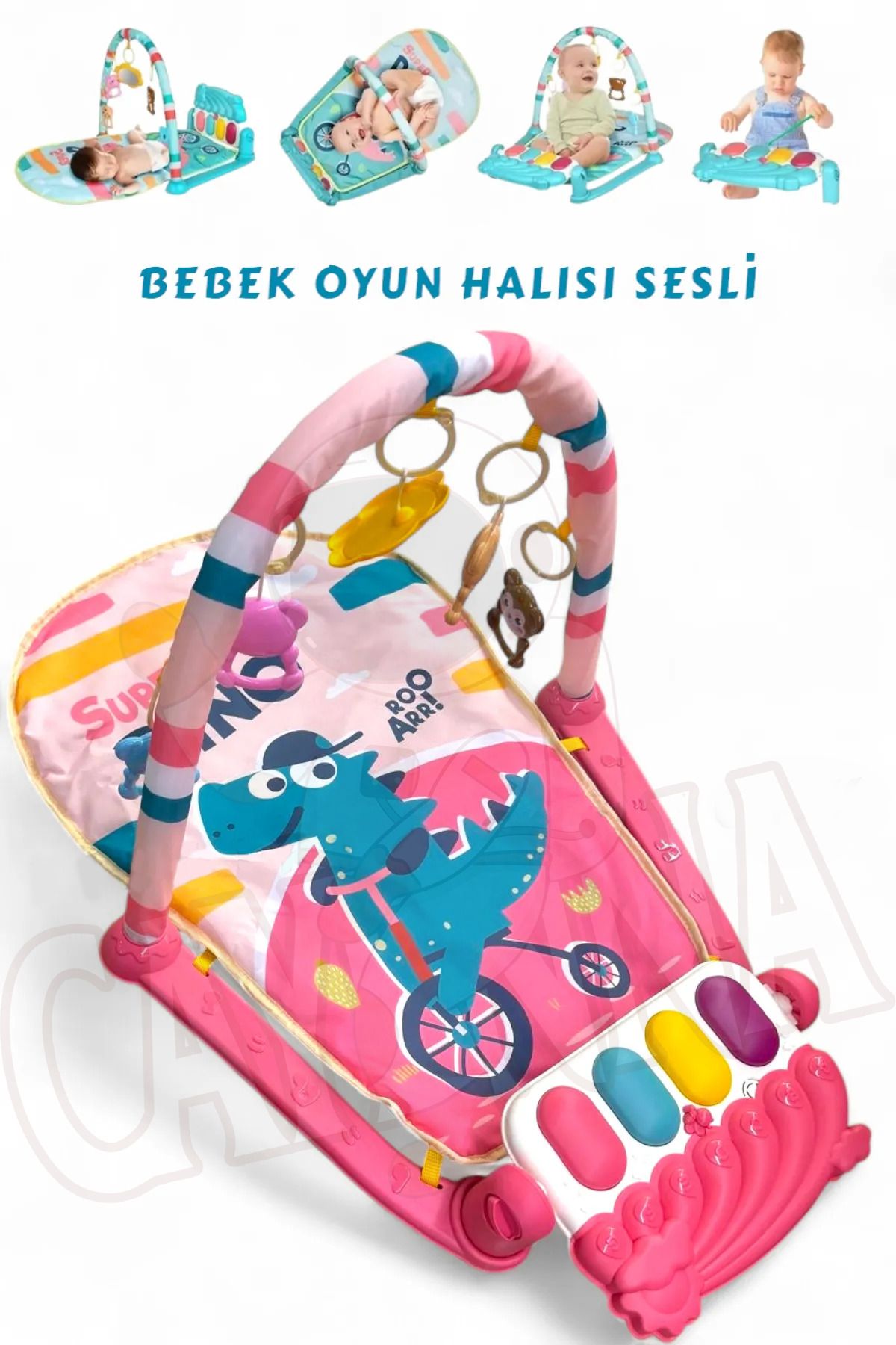 Genel Markalar Bebek Oyun Halısı Piyanolu, Gökkuşağı Dinozor Desenli 73 cm Sesli Dönenceli Bebek Halısı