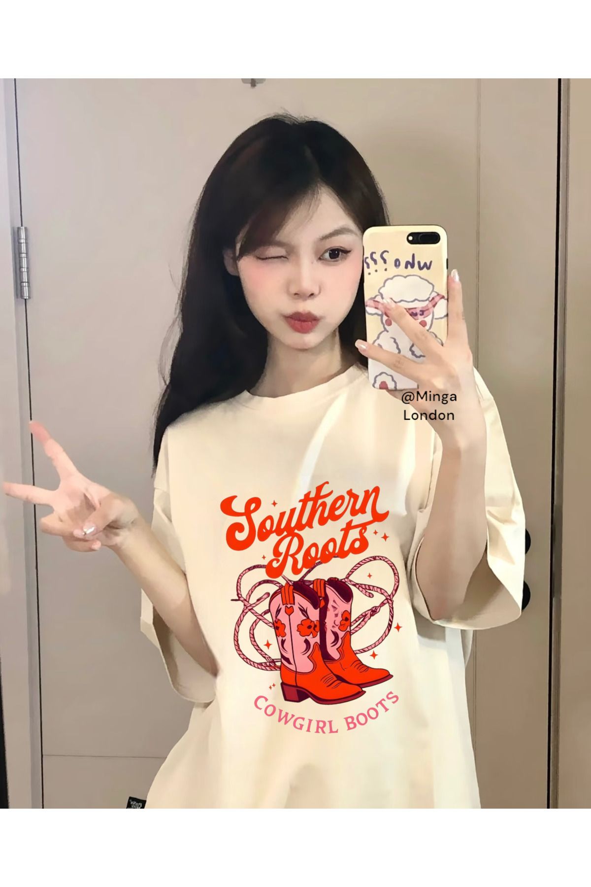 Minga London Bej Cowgirl Boots Ön Baskılı Oversize Tshirt - Ghostella