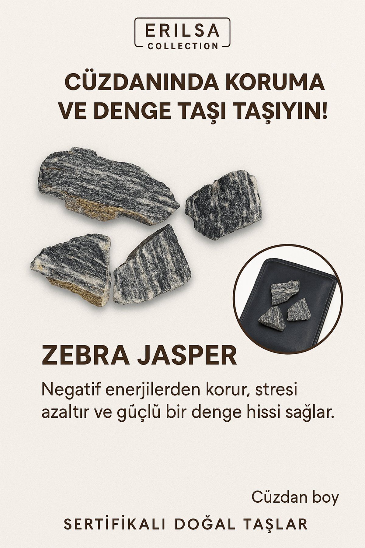 Erilsa Sertifikalı Ham Cüzdan Boy Zebra Jasper Taşı Kütle - Denge, Kararlılık Günlük Koruma Taşı