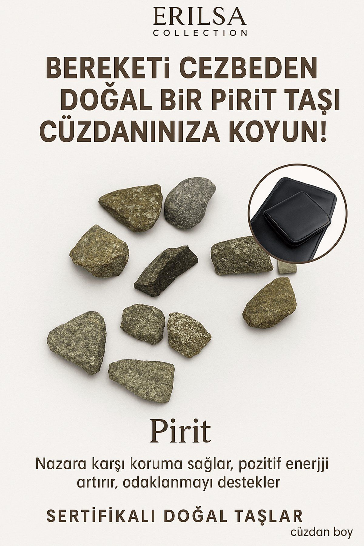 Erilsa Sertifikalı Ham Cüzdan Boy Pirit Taşı Kütle - Zihinsel Netlik ve Maddi Enerji Koruyucusu