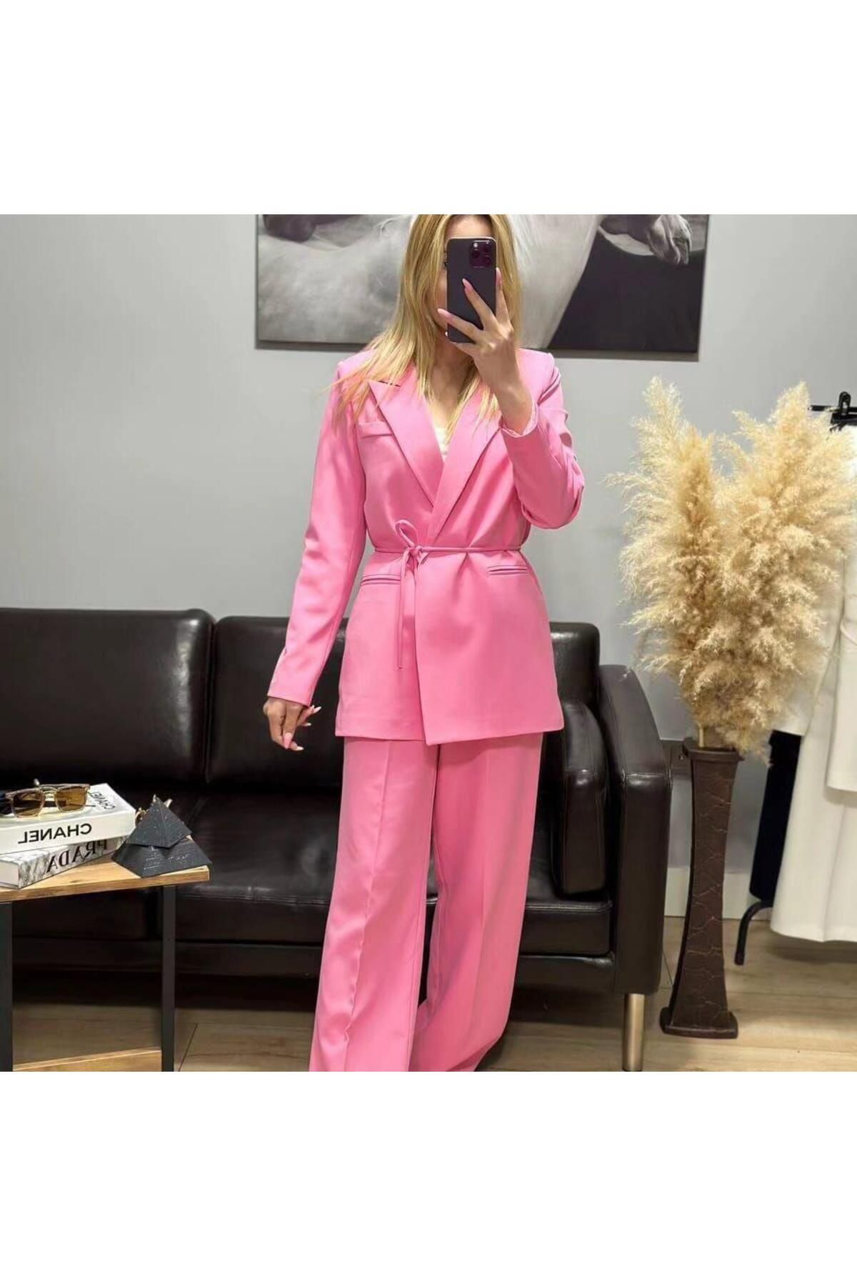 polle Kadın Pembe Blazer Ceket Pantolon Takım
