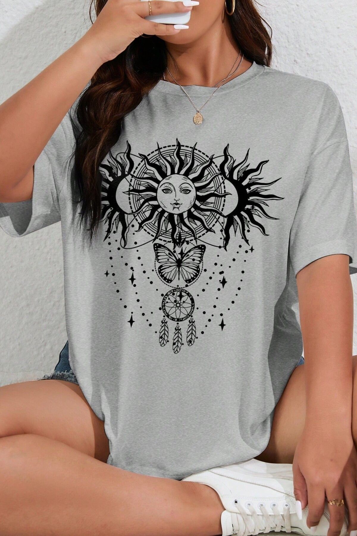 PALPİTO Kadın Gri Güneş Kelebek Baskılı Oversize T-Shirt