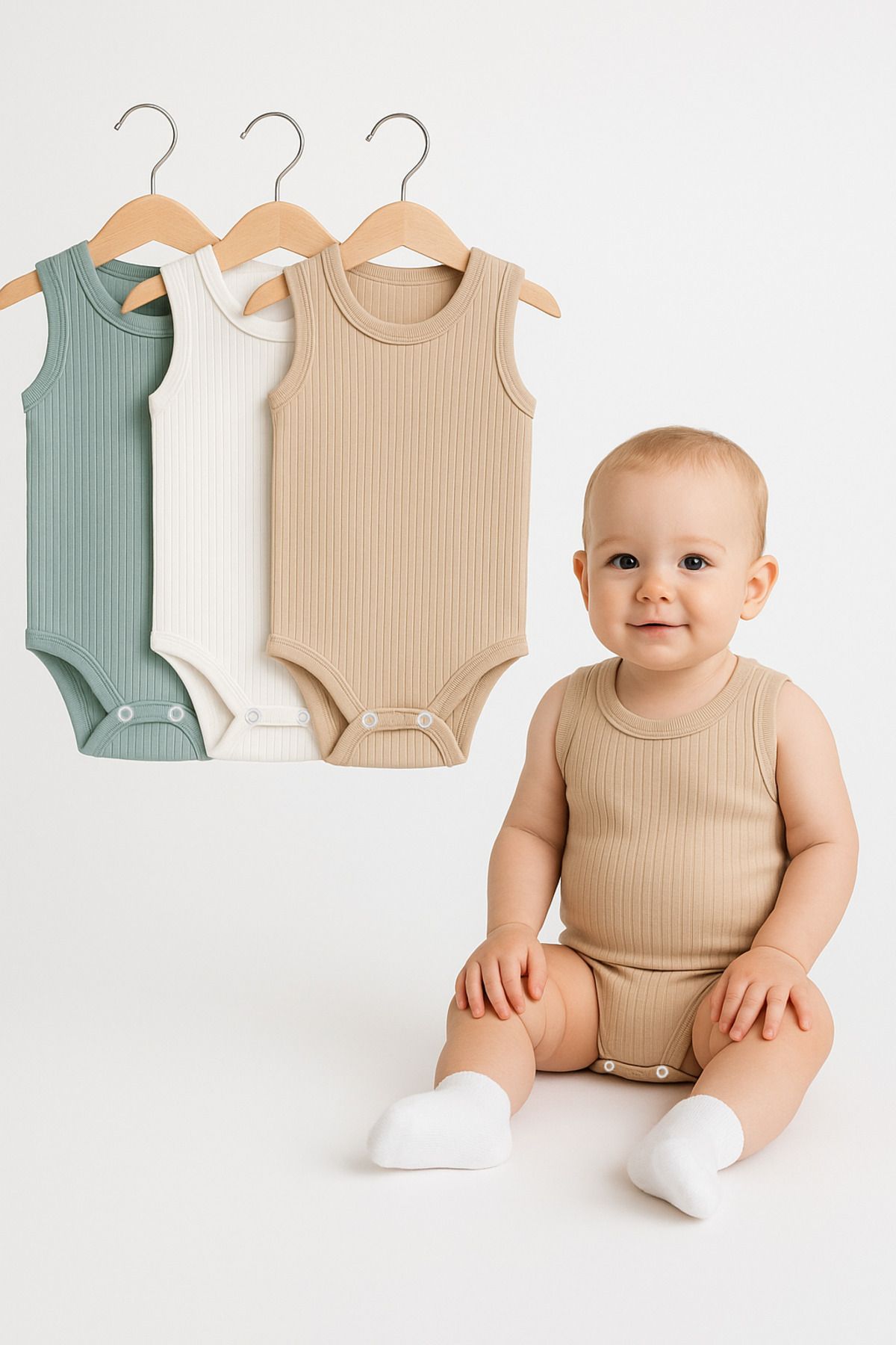 Trend Bebe Butik 3’lü Fitilli Bej-Beyaz-Yeşil Bebek Zıbın Seti Pamuklu Kolsuz Çıtçıtlı Yazlık Body Unisex Badi Takımı