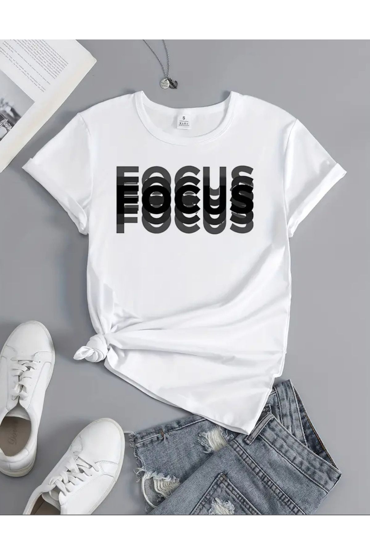 SAJA Unısex Kadın/Erkek Baskılı Oversize Düşük Kol Bisiklet Yaka T-Shirt