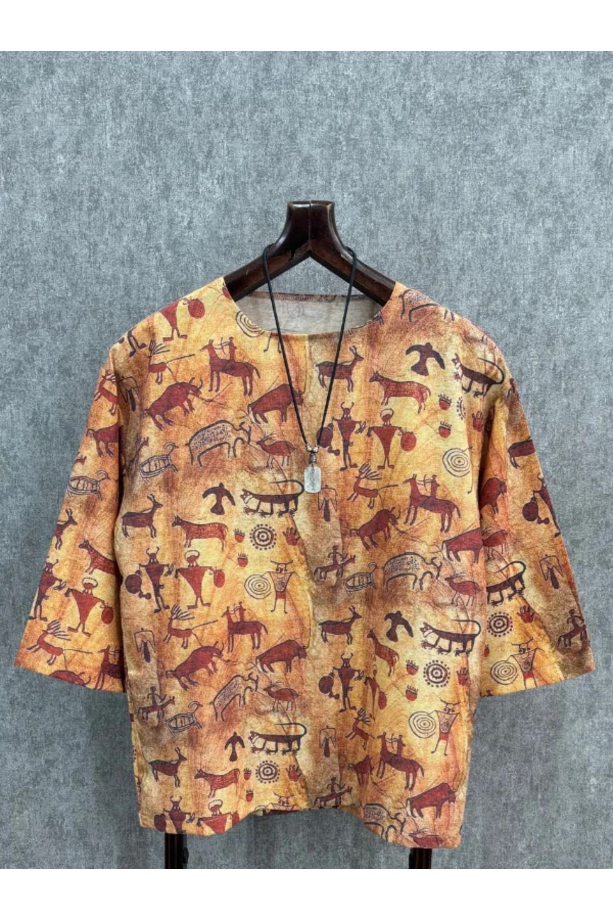 FıttingRoom Oversize Desenli Pamuk Keten Bohem Tshirt