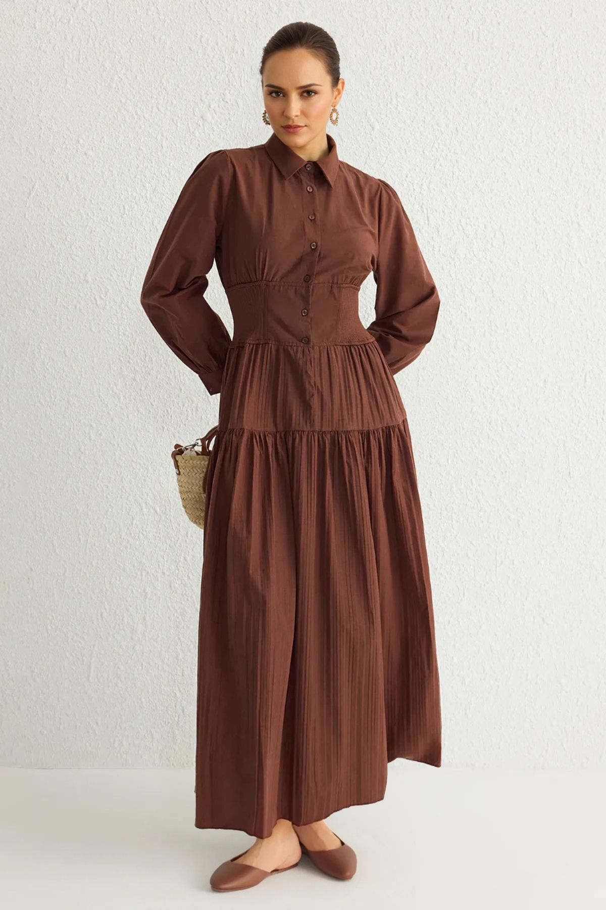 Trendyol Modest-Σκούρο καφέ ελαστικό φόρεμα μέσης TCTSS25EB00016 1