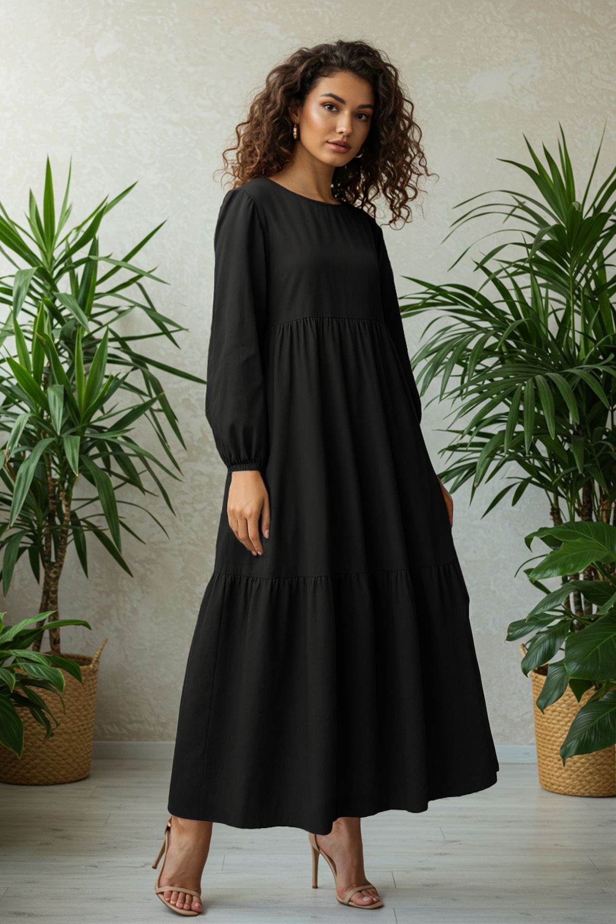 Trendyol Modest Fekete Gather részletes pamut, széles szabású szőtt ruha TCTSS21EL3406