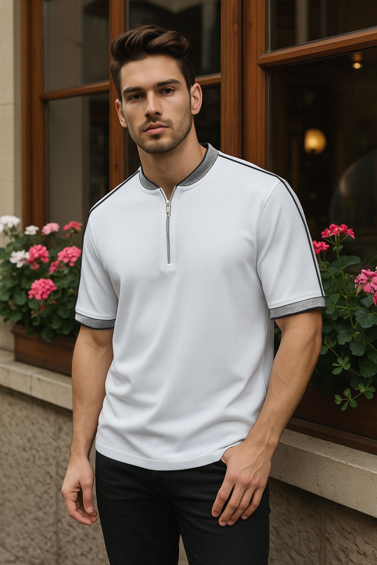 Trendyol Collection Biała Prążkowana Koszulka Polo Z Kołnierzykiem - Regularny Krój Tmnss25po00016 Mężczyzna - L