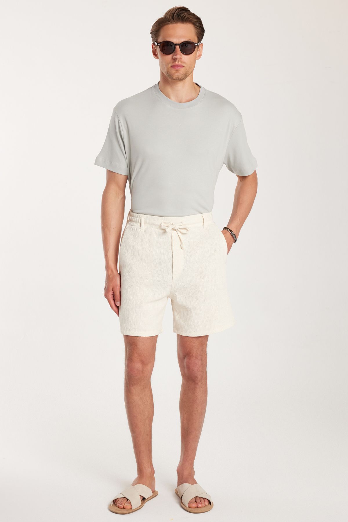 Tudors-Men's Regular Relaxed Fit Beige Bermuda Shorts with Elastic Waistband and Drawcord Side Pockets 5