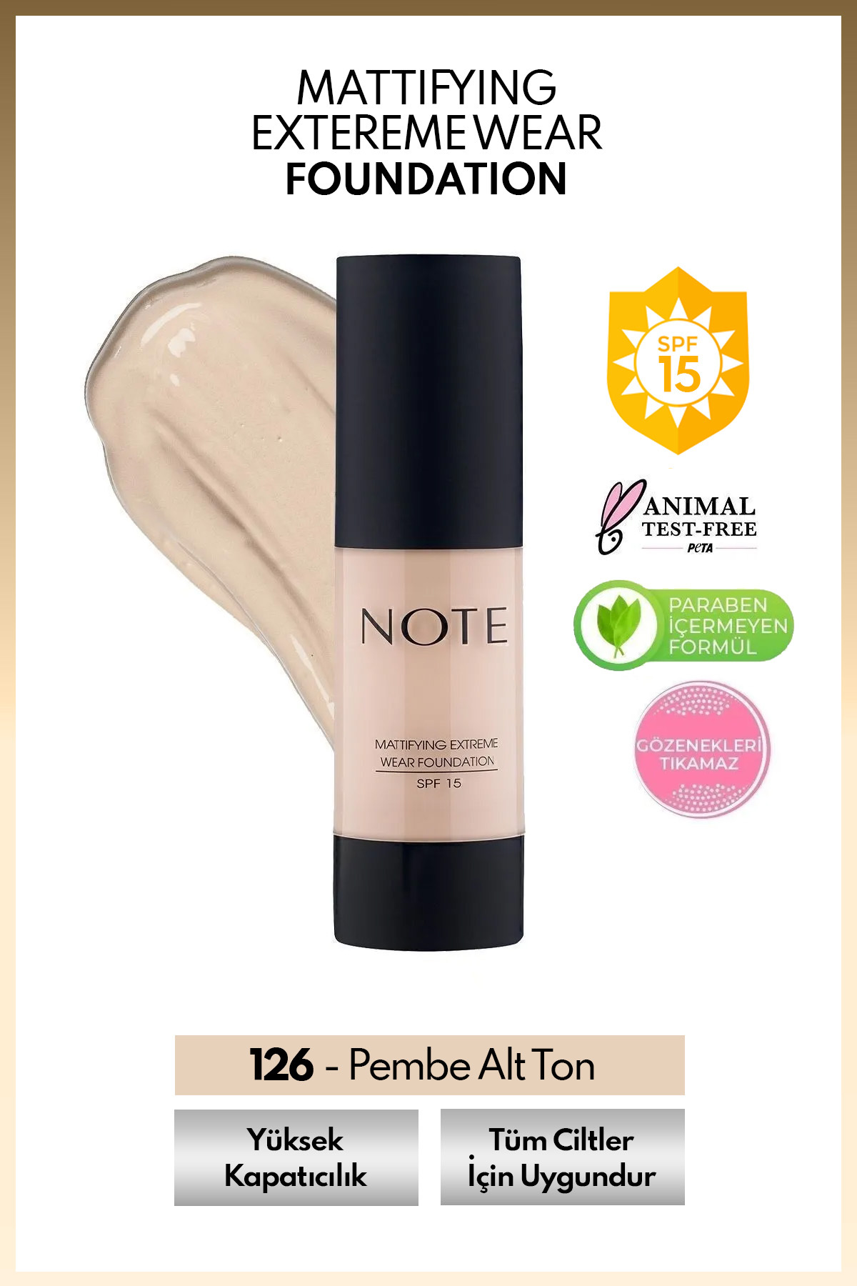 NOTE Mattifying Extreme Wear Spf 15 Yoğun Kapatıcı Mat Bitişli Fondöten - 126 Nude Ivory