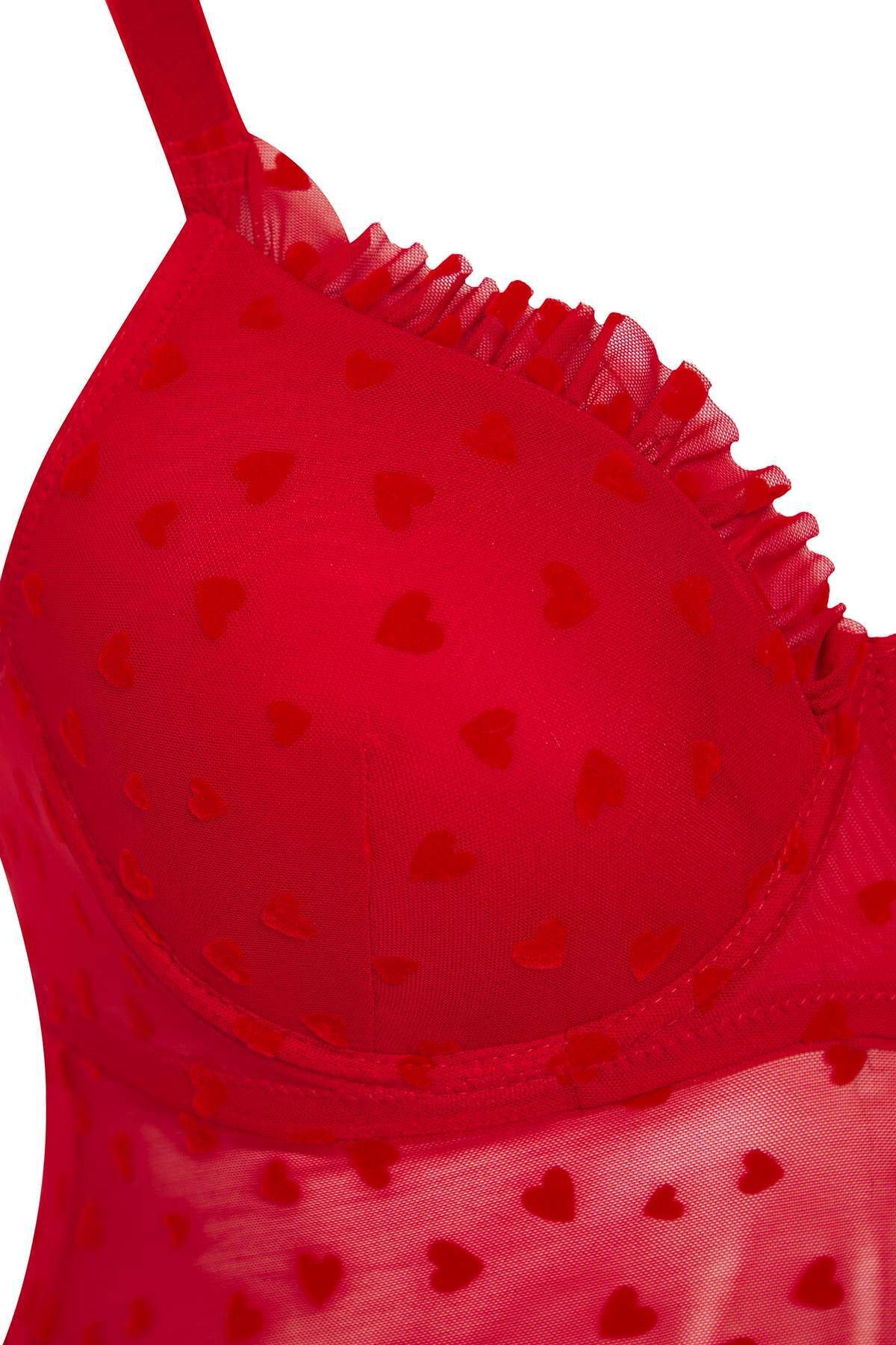 Trendyol Curve-Red Fixed Covered Adjustable Strap Flocked Heart Pattern Plus Size Babydoll Tbbss25Dh00000 2