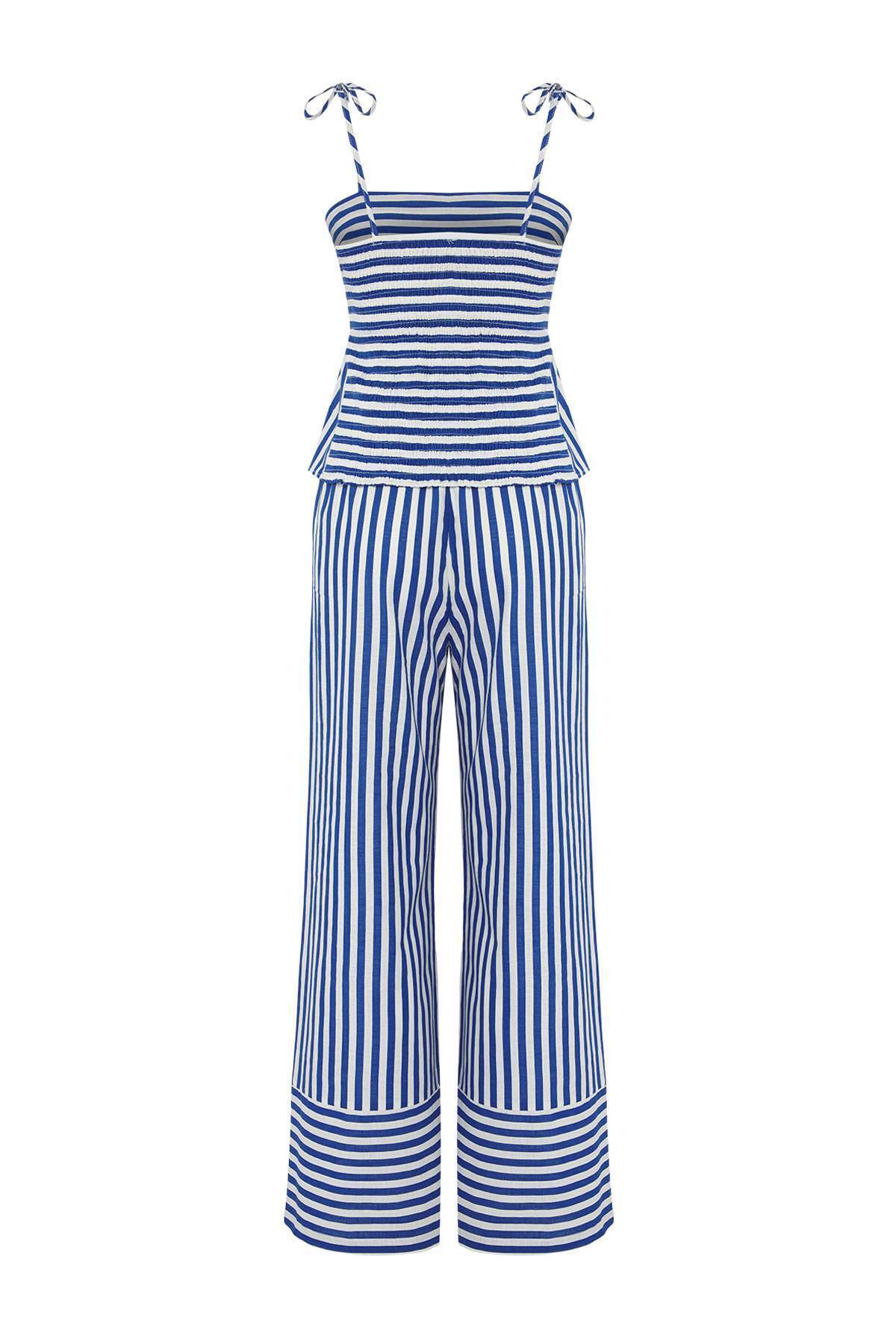 Trendyolmilla  Mavi Çizgili Dokuma %100 Pamuk Plaj Bluz-Pantolon Takım TBESS25AU00108 - Görsel 6