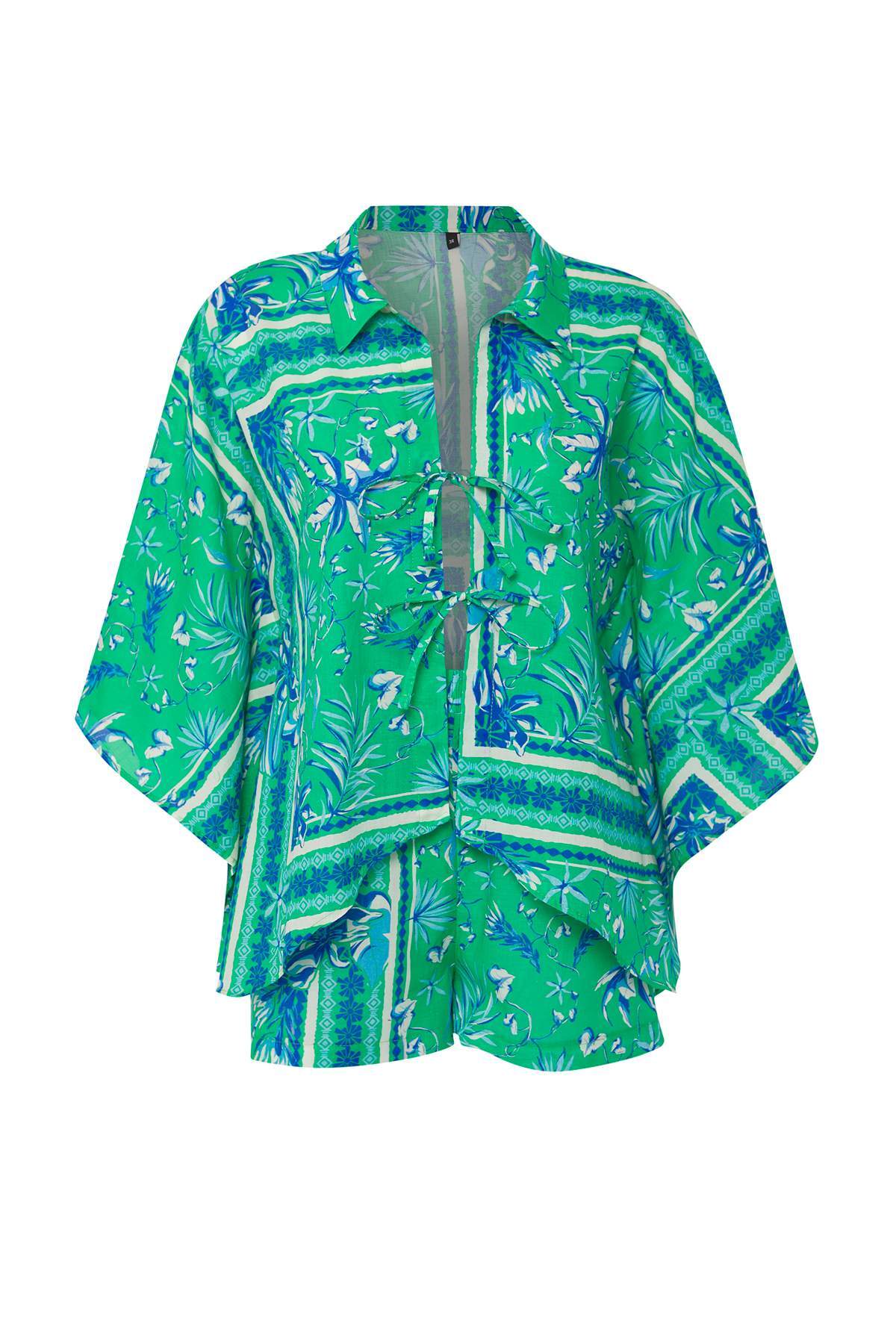 Trendyolmilla  Çiçek Desenli Dokuma %100 Pamuk Plaj Gömlek-Şort Takım TBESS25AU00033 - Görsel 5