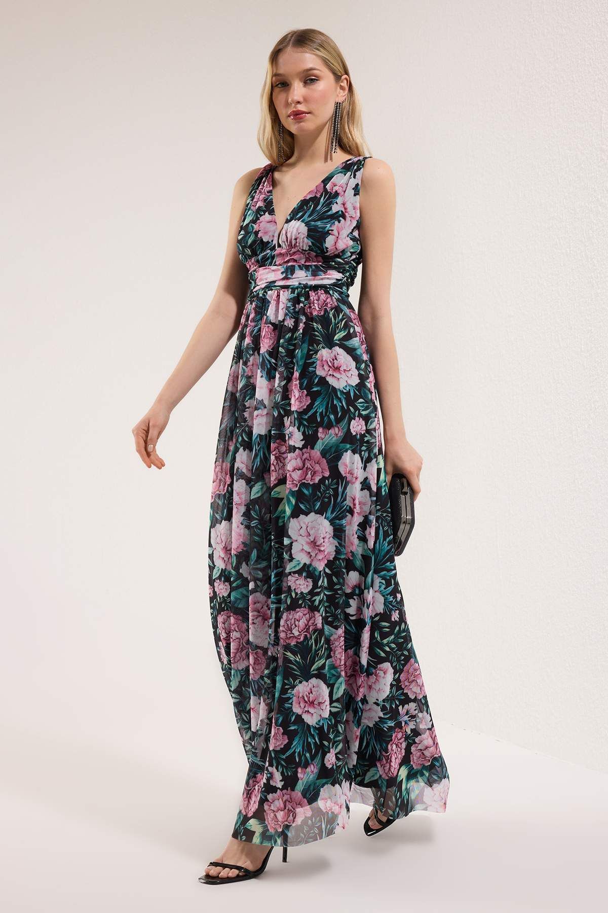 Trendyol Collection Wielokolorowa sukienka wieczorowa z dekoltem w serek i tiulem w kształcie litery A, długa, elegancka, na studniówkę TPRSS25AE00096