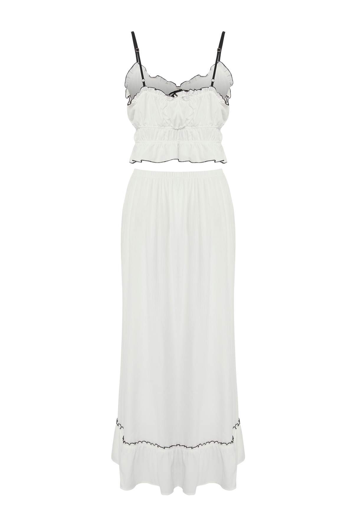 Trendyolmilla  Beyaz Dokuma Fiyonklu Maxi Plaj Yüksek Bel Bluz-Etek Takım TBESS25AU00110 - Görsel 6