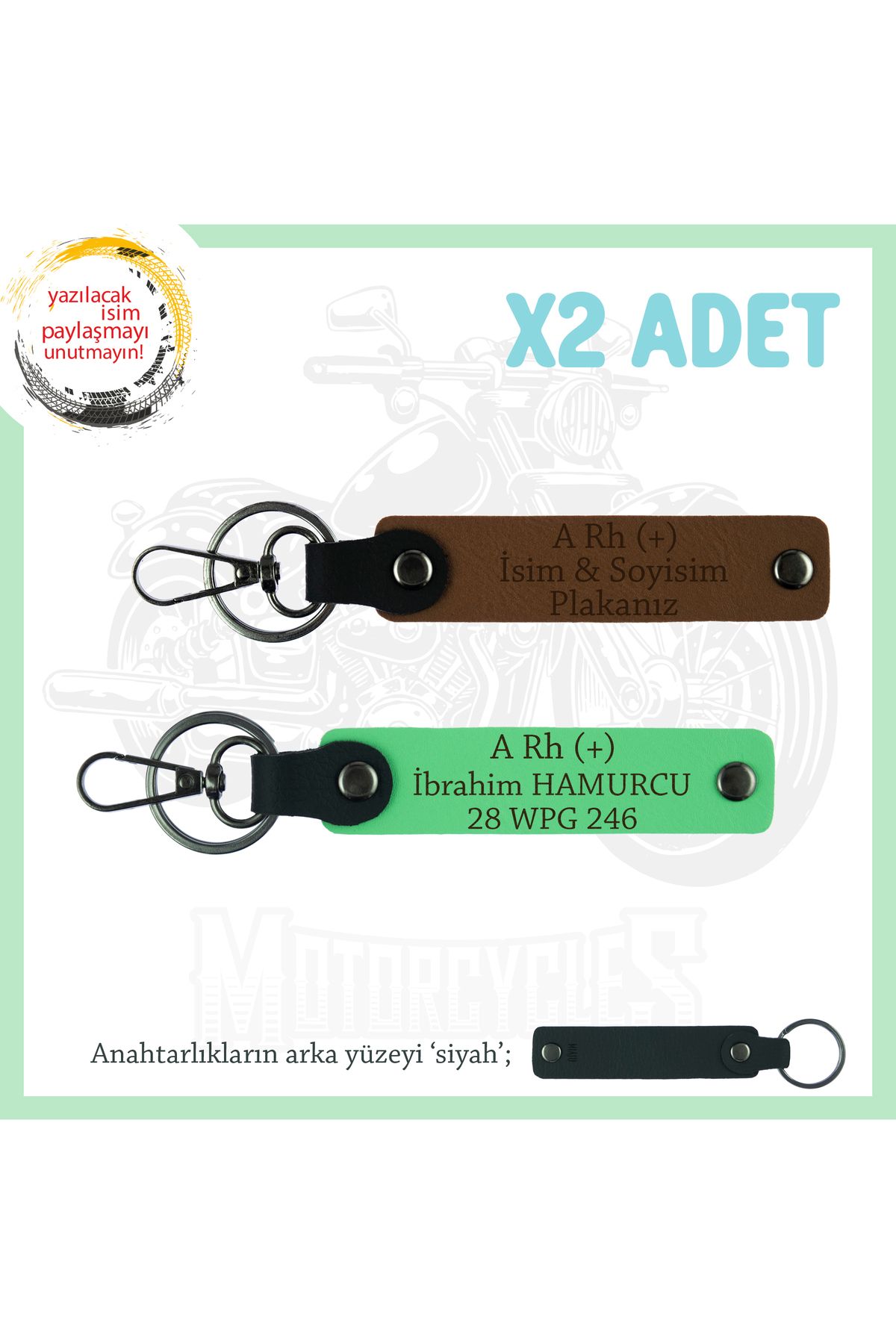 Miaju Motor Kulüplerine, İsim Plaka ve A Rh (+) Kan Grubu Yazılı x2' li Anahtarlık Set, Kahve-F Yeşil-Syh