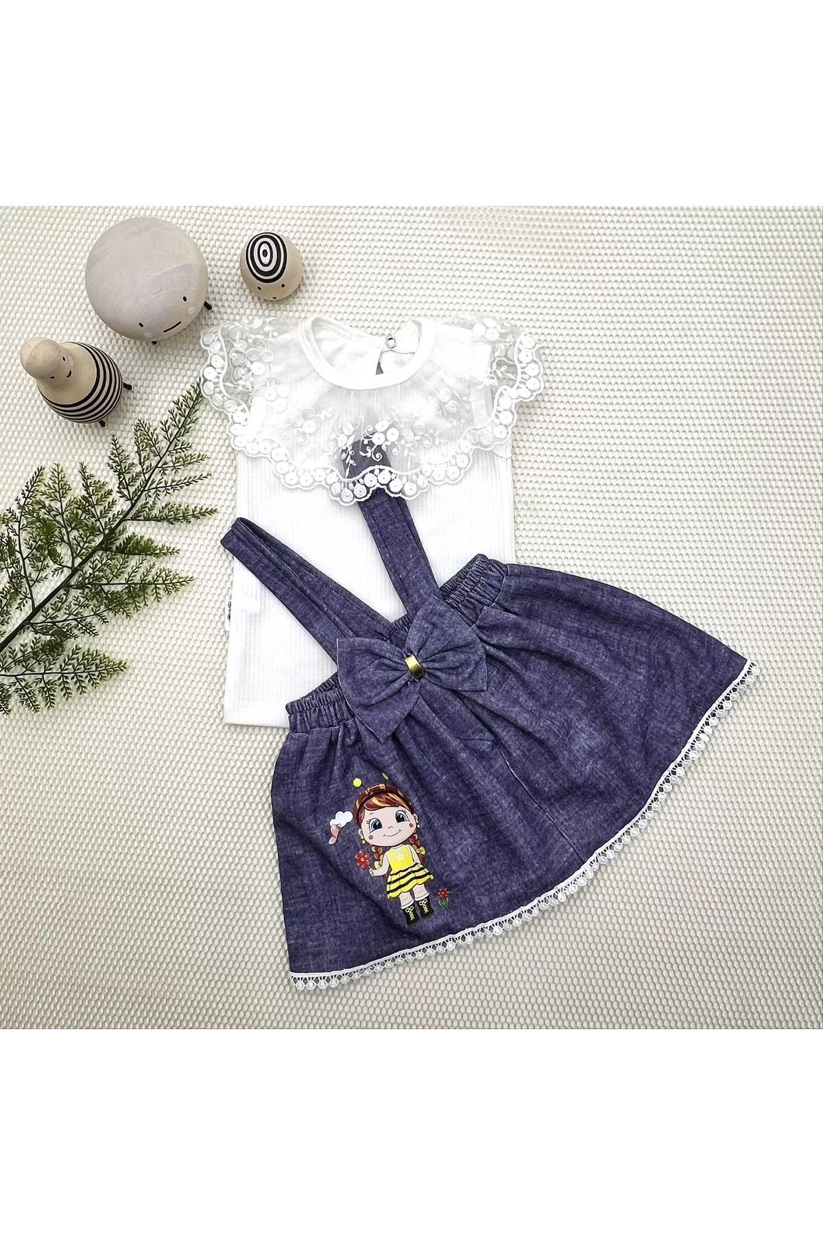 onlinebutik Ban Arı Nakışlı Kot Desenli Etek Pamuklu Kumaş 2li Kız Bebek Salopet Takımı Lacivert
