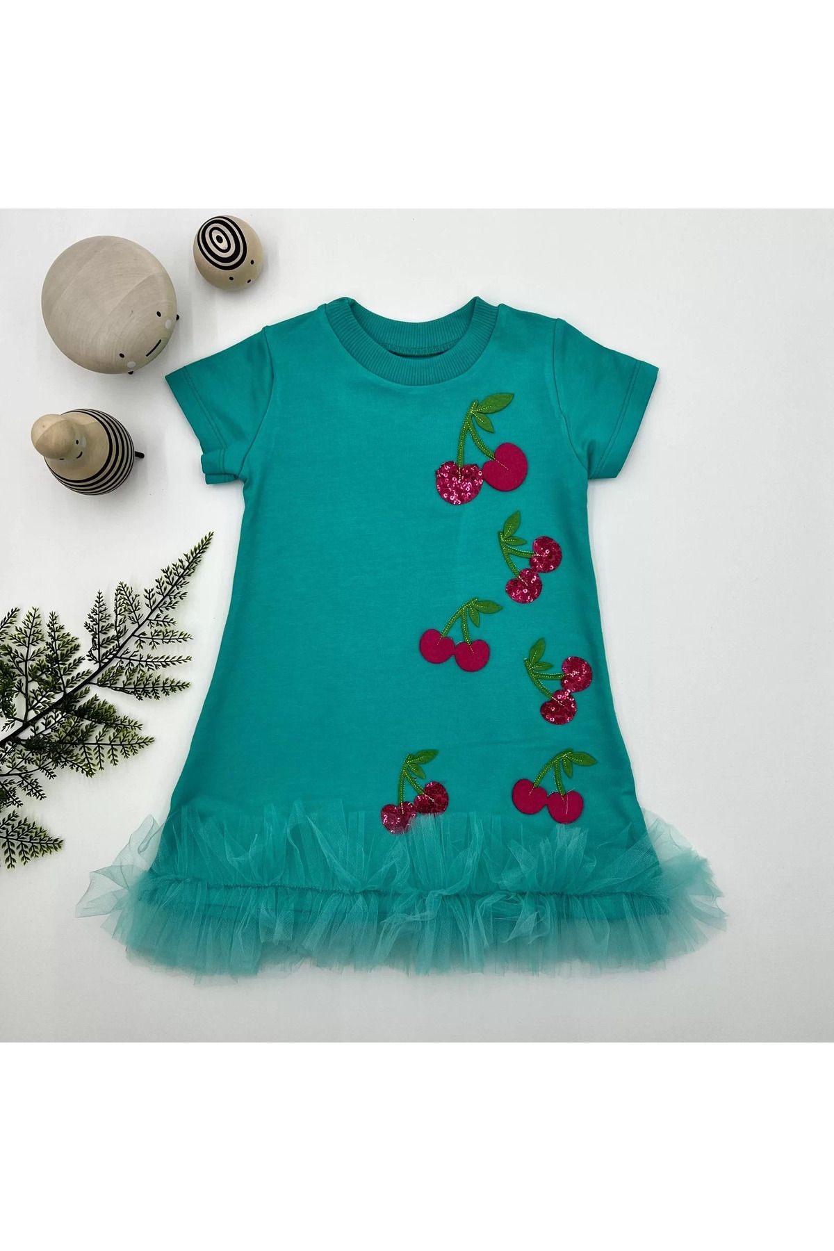 onlinebutik Petli Kiraz Nakışlı Eteği Fırfırlı Jile Kız Çocuk Elbisesi Turkuaz