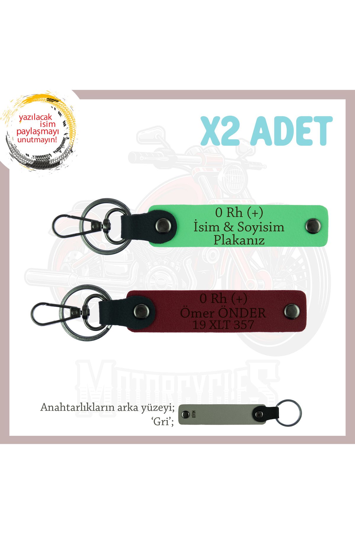 Miaju Motorcu Yolculara, İsim Plaka ve 0 + Kan Grubu Yazılı Güvenli Sürüş Anahtarlık x2, F Yeşil-Bordo-Gr
