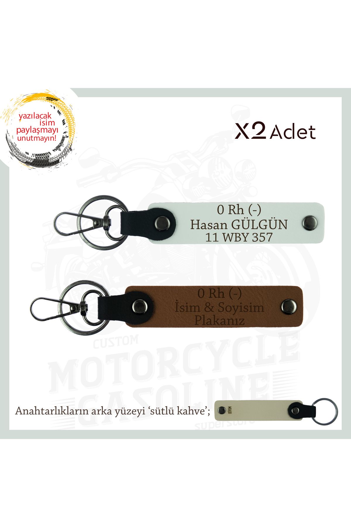 Miaju Motorculara Özel İsim Plaka ve 0(-) Kan Grubu Yazılı Kişiselleştirilen x2 Anahtarlık, Kahve-Beyaz-SK