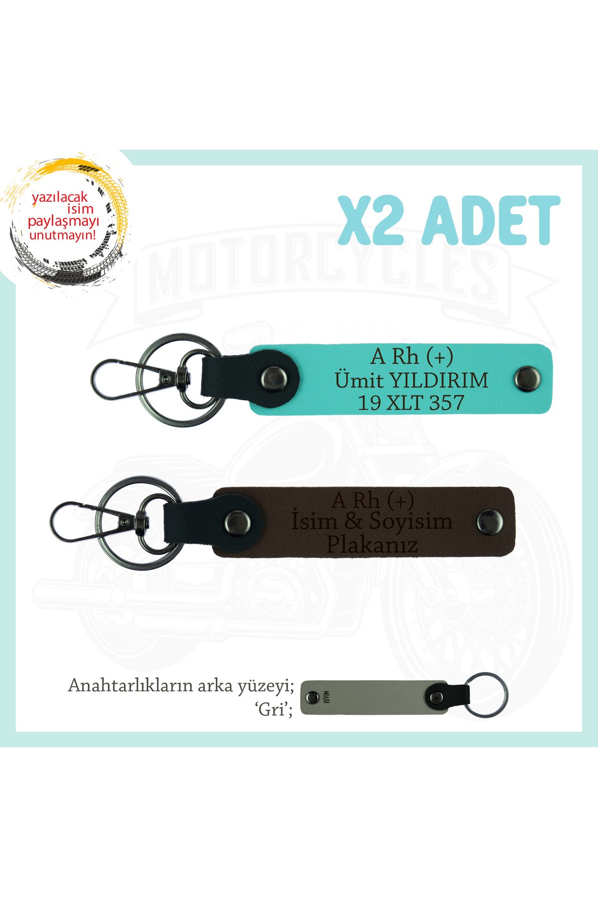 Miaju Motor Severlere Hediye, İsim Plaka ve A Rh (+) Kan Grubu Yazılı x2'li Anahtarlık, K Kahve-Turkuaz-Gr