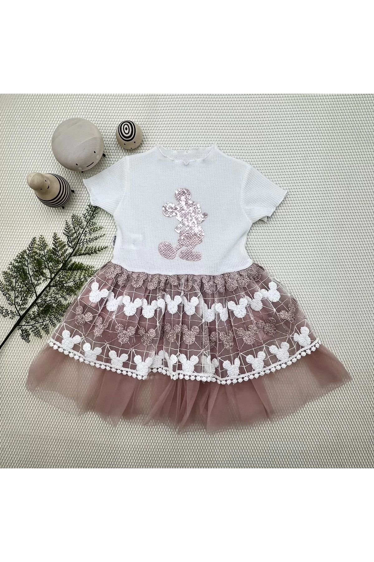 onlinebutik Petli Mickey Baskılı Brode Etekli Kız Bebek Elbisesi Gül Kurusu
