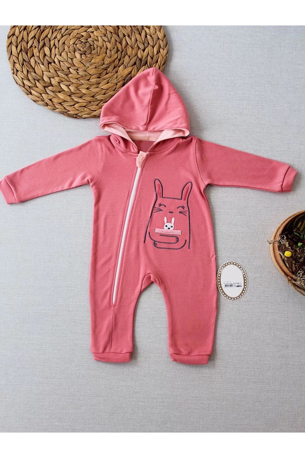 onlinebutik Ef Çizgi Boy Fermuarlı Tavşan Nakışlı Kapşonlu Kız Erkek Bebek Tulumu Gül Kurusu
