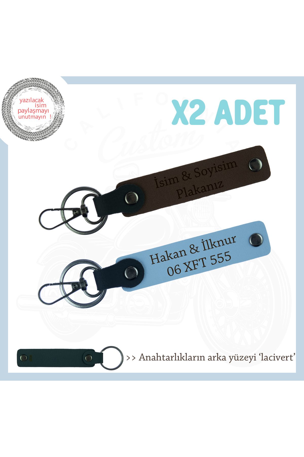 Miaju Özgün Detaylarla Kişiselleştirilen Anahtarlık Seti, Plaka + İsim Yazılı x2, Koyu Kahve-Gök Mavi-Laci