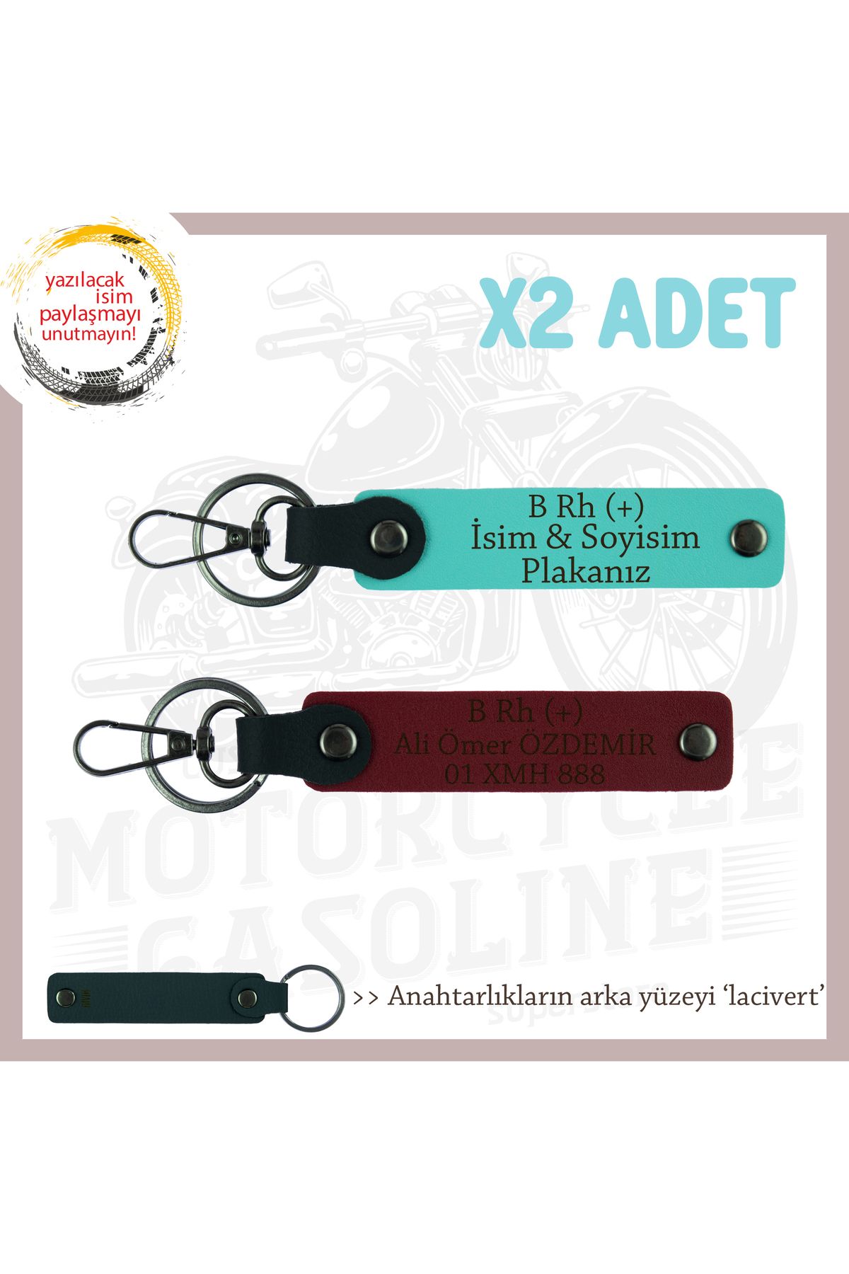 Miaju Motor Tutkunlarına Özel, İsim Plaka ve B Rh (+) Kan Grubu Yazılı 2'li Anahtarlık, Turkuaz-Bordo-Laci