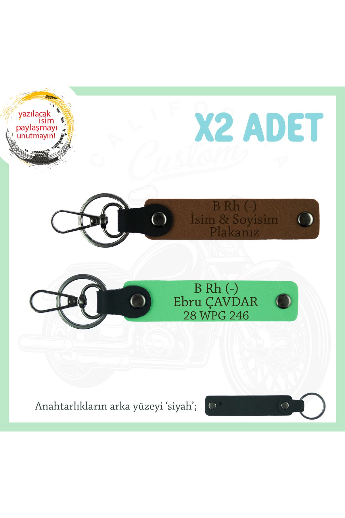 Miaju Motor Kulüplerine, İsim Plaka ve B Rh (-) Kan Grubu Yazılı x2' li Anahtarlık Set, Kahve-F Yeşil-Syh