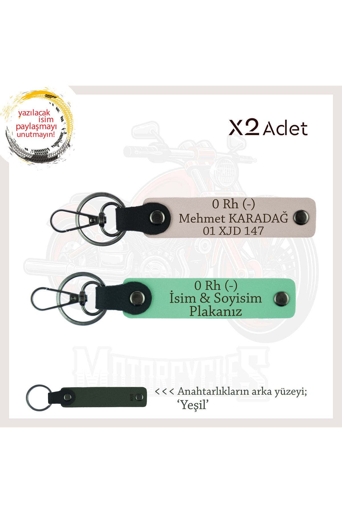 Miaju Motorcu Tarzına İsim Plaka ve 0 Rh (-) Kan Grubu Yazılı Hediyelik x2 Anahtarlık Set, Yeşil-Pudra-Ysl