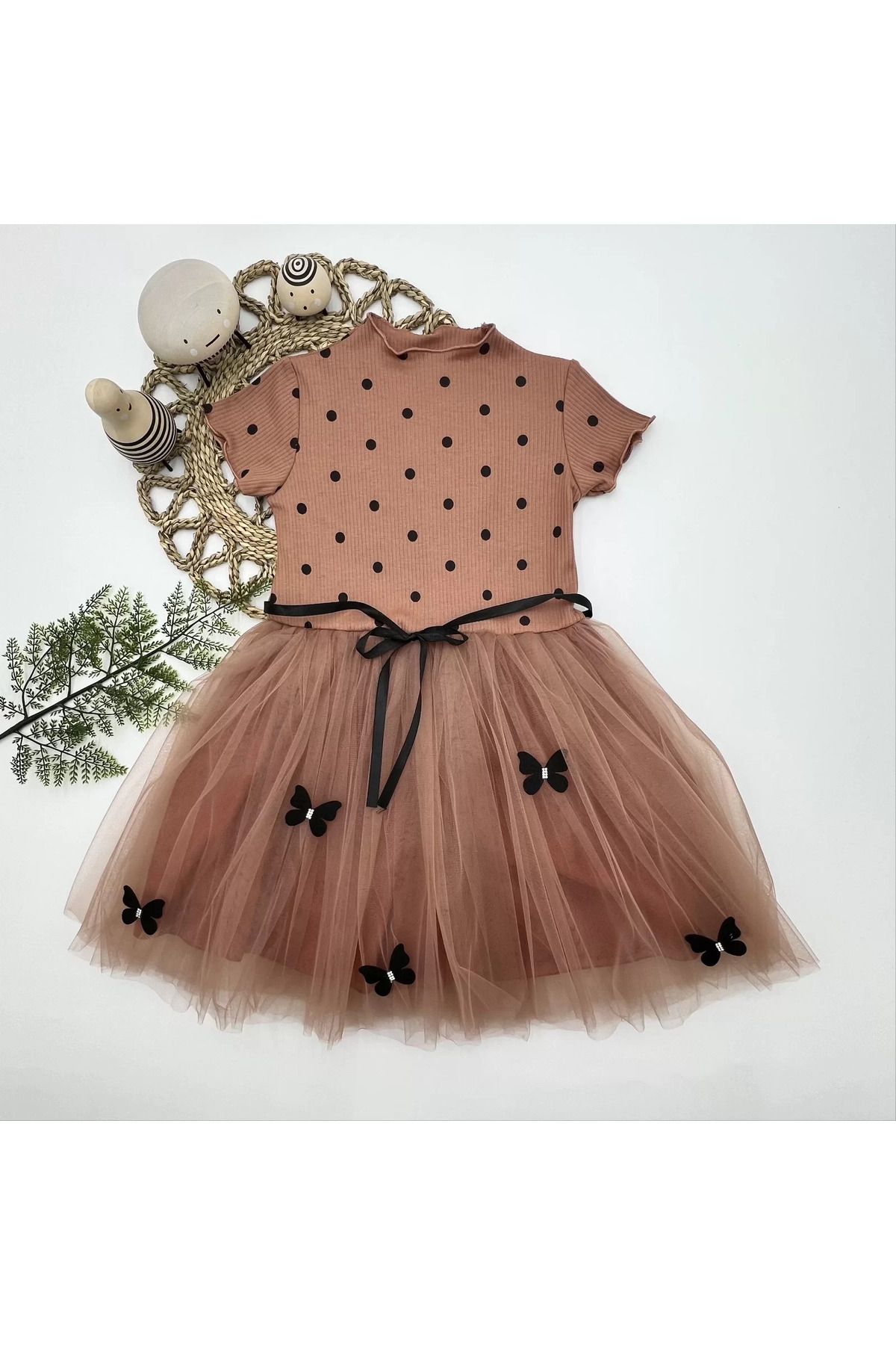 onlinebutik Puantiyeli Kelebek Etekli Astarlı Kız Çocuk Elbisesi Kahverengi