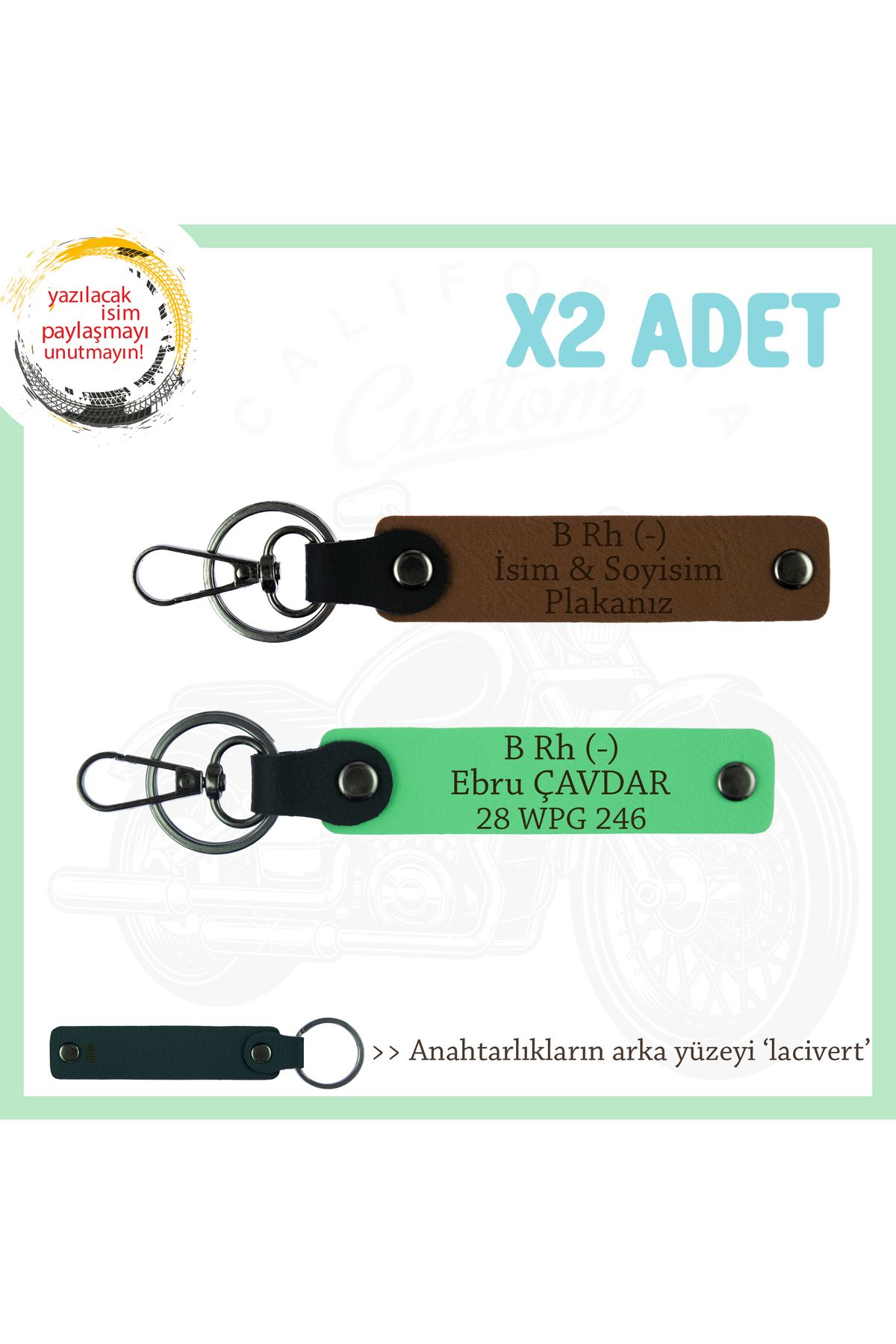 Miaju Bikerlar İçin İsim Plaka ve B Rh (-) Kan Grubu Yazılı Hediyelik 2' li Anahtarlık, Kahve-F Yeşil-Laci