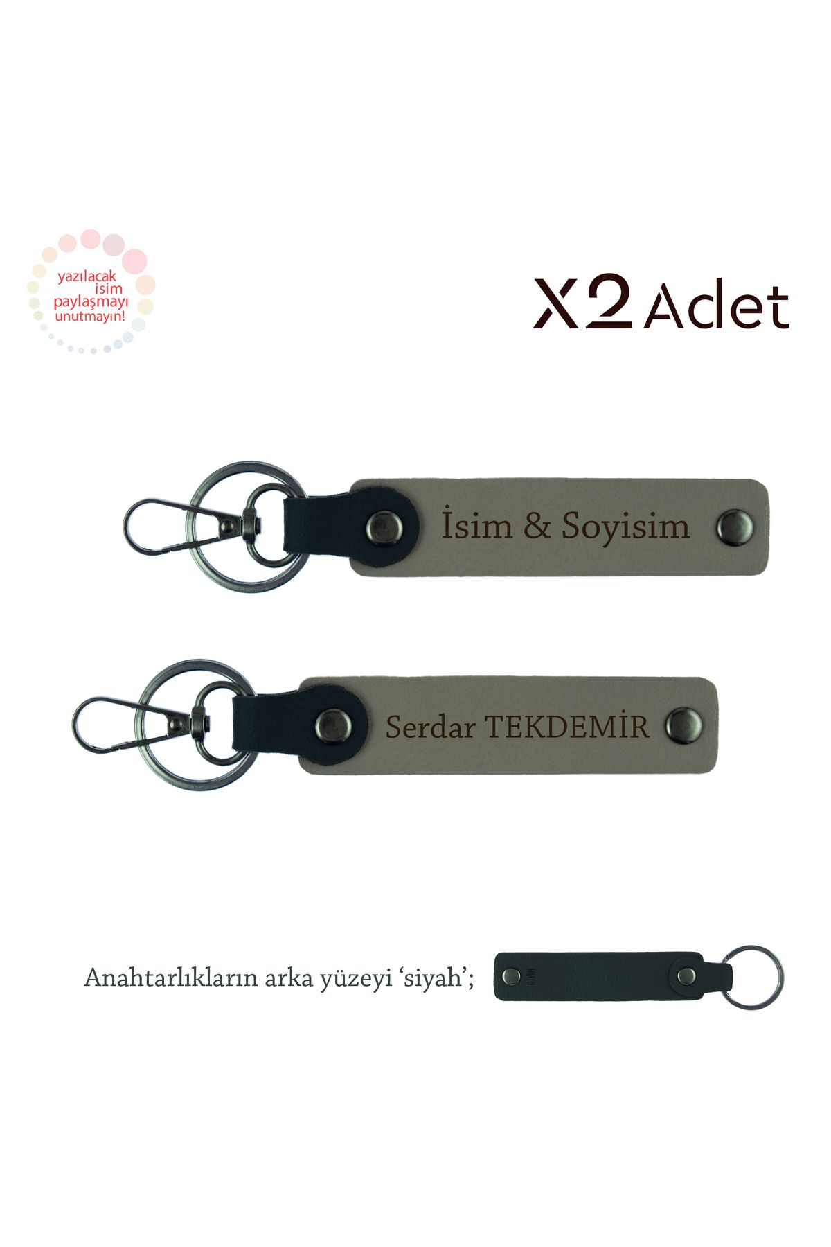 Miaju Teyzeye Değerli Sürpriz, İsimli & Soyisimli 2’li Anahtarlık Seti, Kül Gri-Siyah