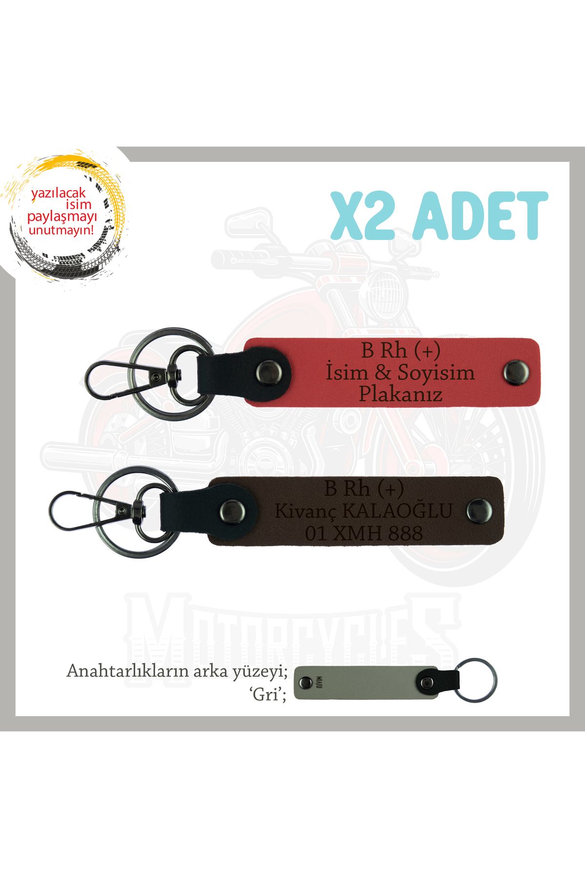 Miaju Motor Severlere Özel, İsim Plaka ve B Rh (+) Kan Grubu Yazılı x2 Anahtarlık, Nar Çiçeği-K Kahve-Gr