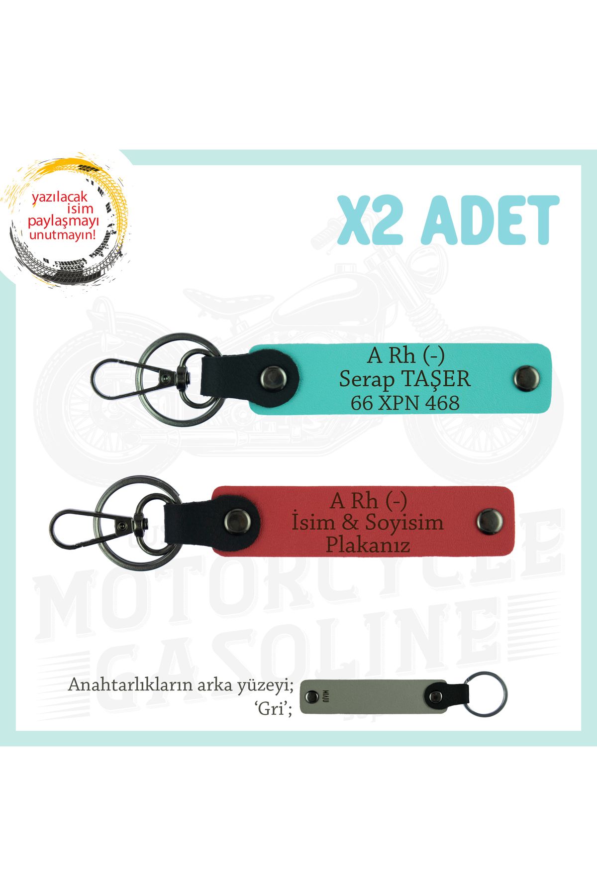 Miaju Retro Motorculara Özel, İsim Plaka ve A Rh (-) Yazılı Hediyelik x2 Anahtarlık, Nar Çiçeği-Turkuaz-Gr