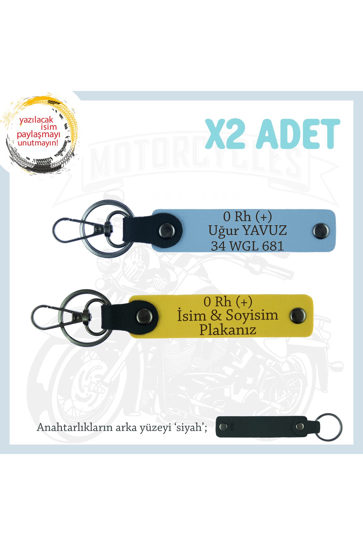 Miaju Hız Severlere Özel Süpriz, İsim Plaka ve 0 Rh (+) Kan Grubu Yazılı Deri x2 Anahtarlık, Sarı-Mavi-Syh