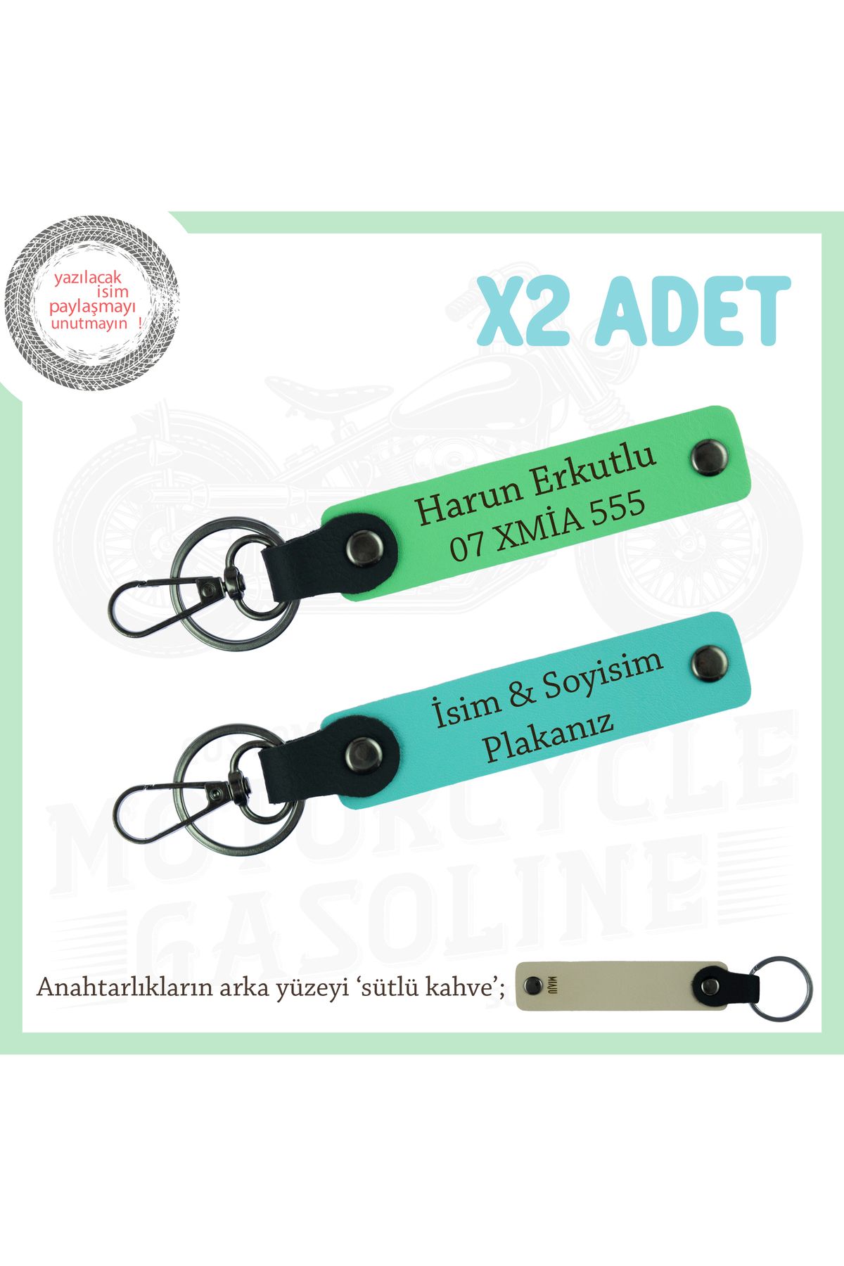 Miaju Kuryelere Uygun, İsim Ve Plaka Yazılı Kişiselleştirilen x2'li Anahtarlık Set, Turkuaz-F Yeşil-SK