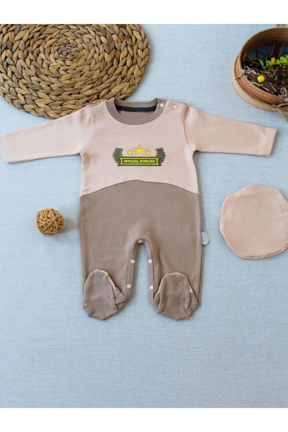 onlinebutik Özel Kuvvetler Nakışlı Bere Şapkalı Kız Erkek Bebek Tulumu Sütlü Kahve