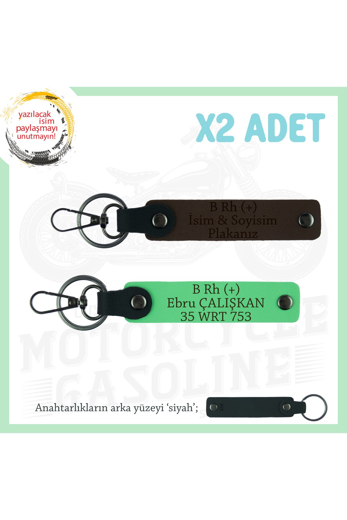 Miaju Hız Severlere İsim Plaka ve B Rh (+) Kan Grubu Yazılı Motorcu x2 Anahtarlık, K Kahve-F Yeşil-Syh