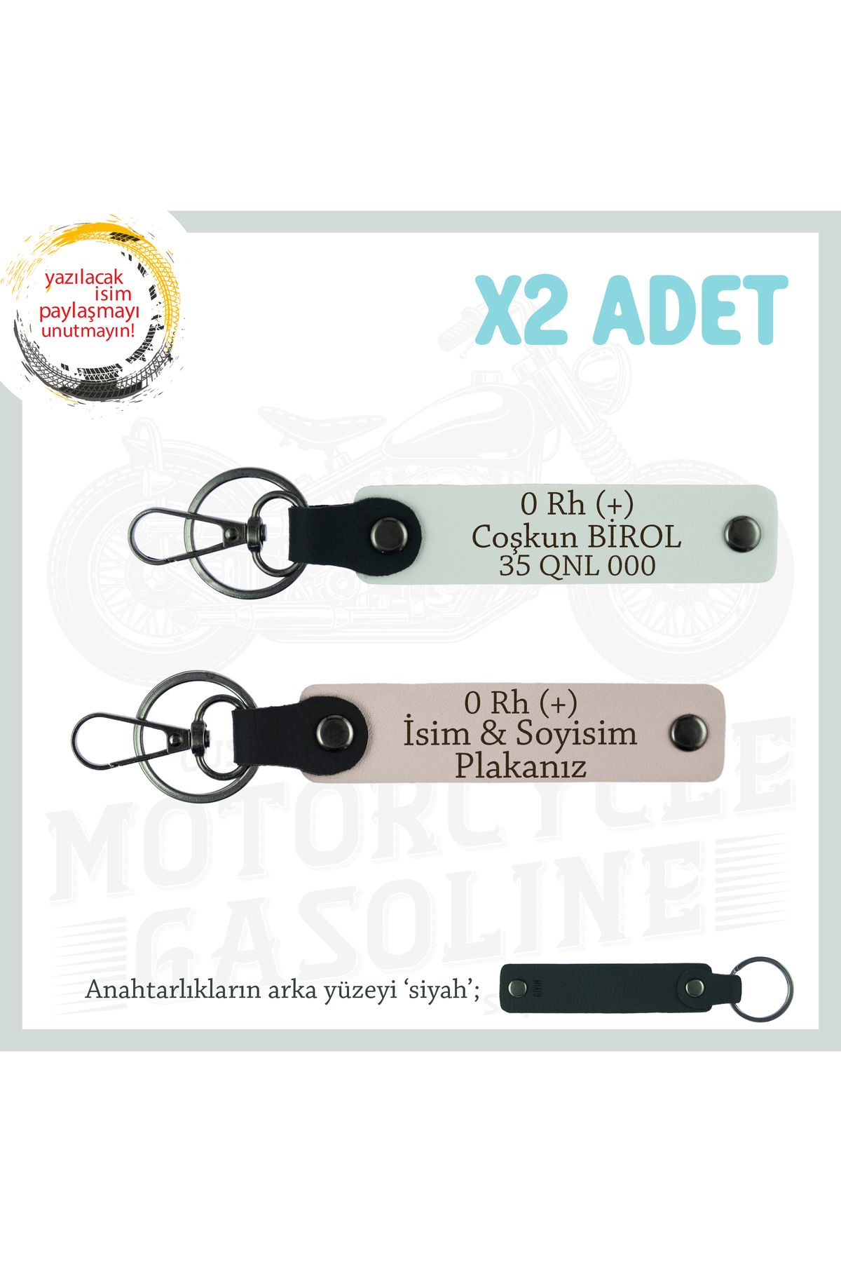 Miaju Motor Tutkunlarına Özel, İsim Plaka ve 0 Rh (+) Kan Grubu Yazılı Deri x2 Anahtarlık, Pudra-Beyaz-Syh