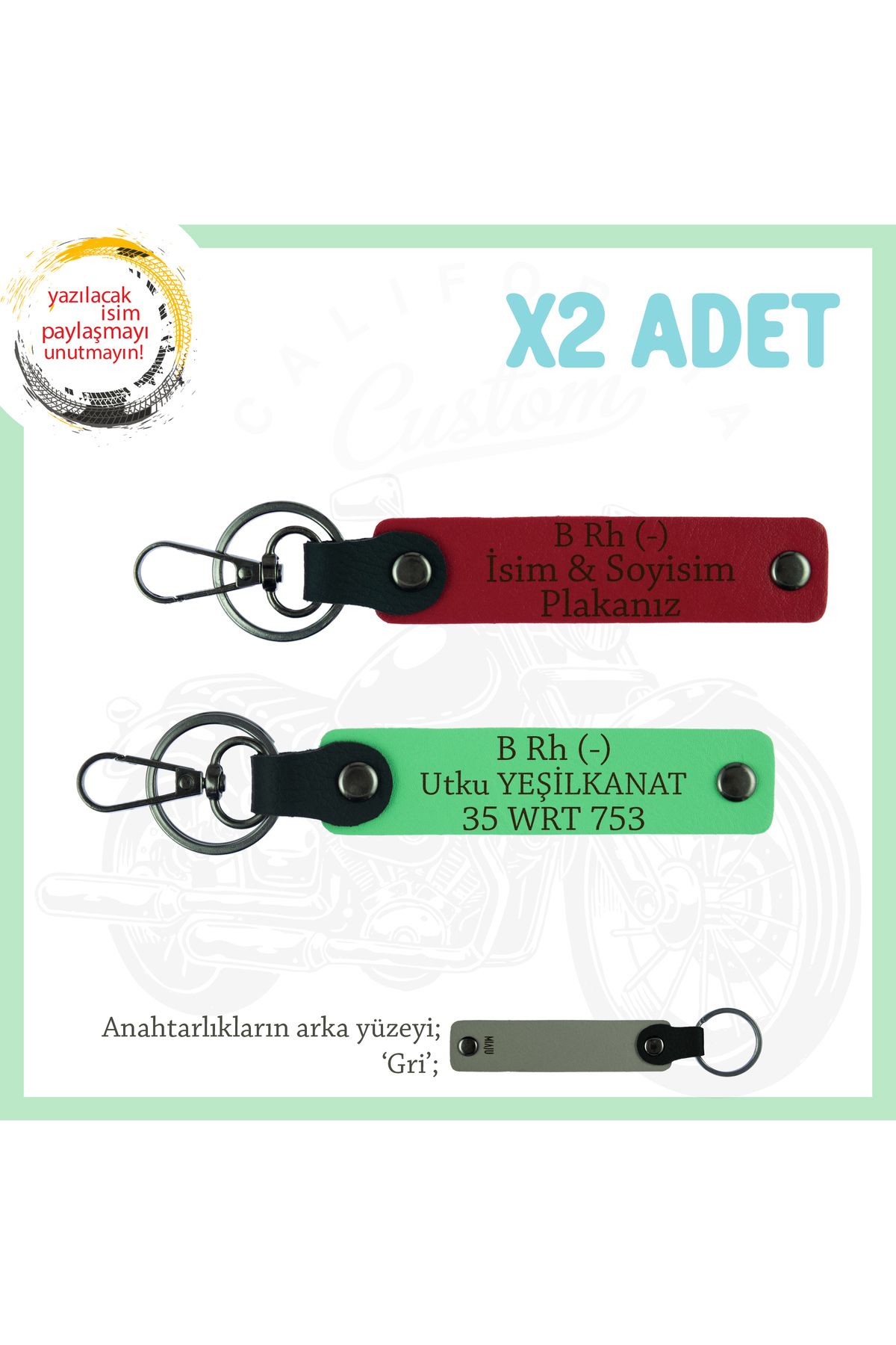 Miaju Biker Stiline Özel, İsim Plaka ve B- Kan Grubu Yazılı Anlamlı Motor x2 Anahtarlık, Kırmızı-Mavi-Gr